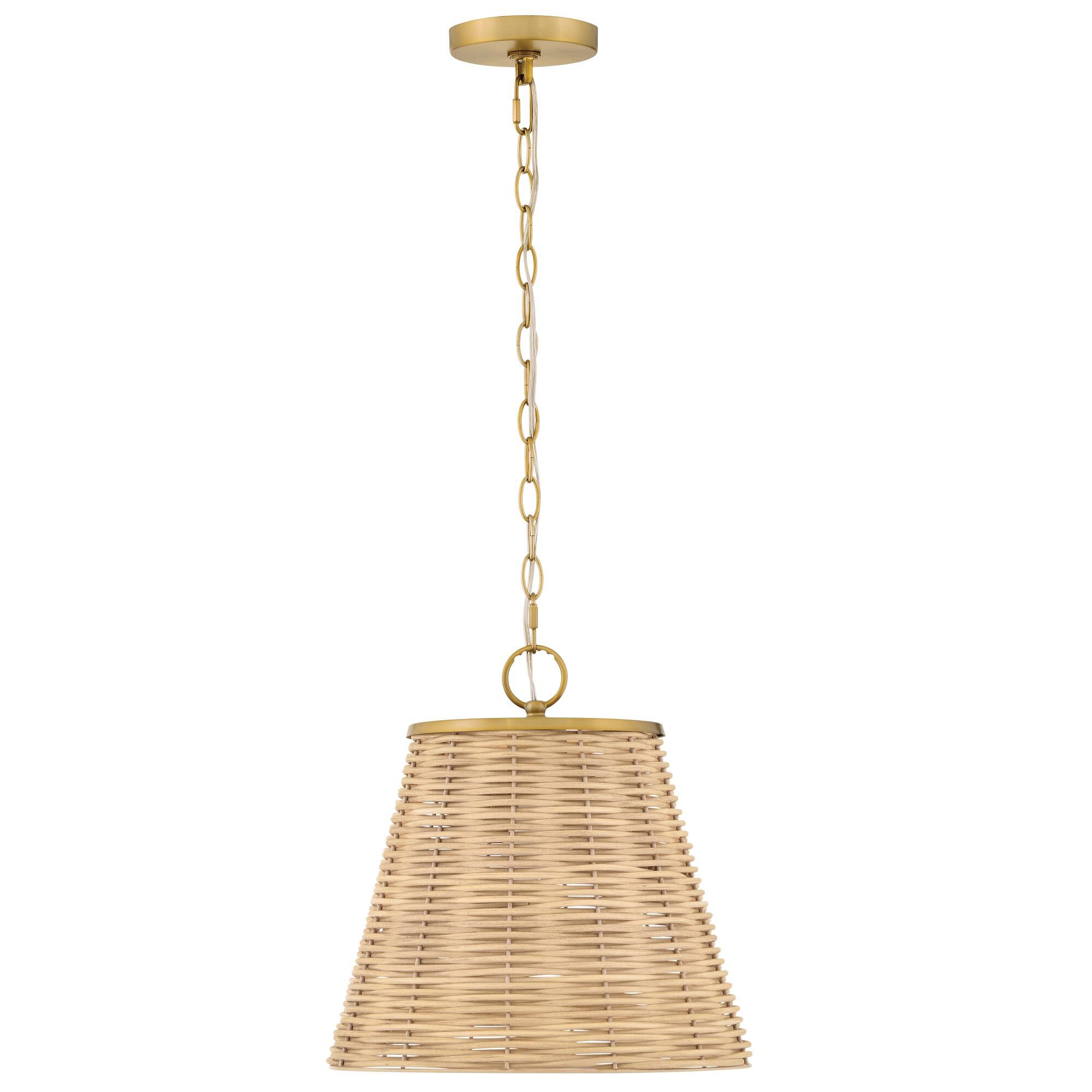Shown in Lacquered Brass finish and Light Natural Rattan shade