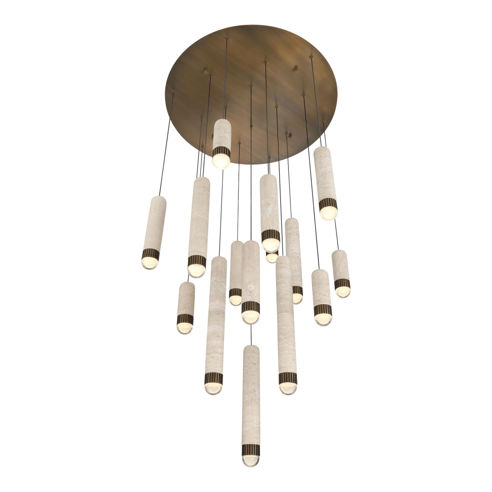 Shown in Antique Brass finish and Travertine shade