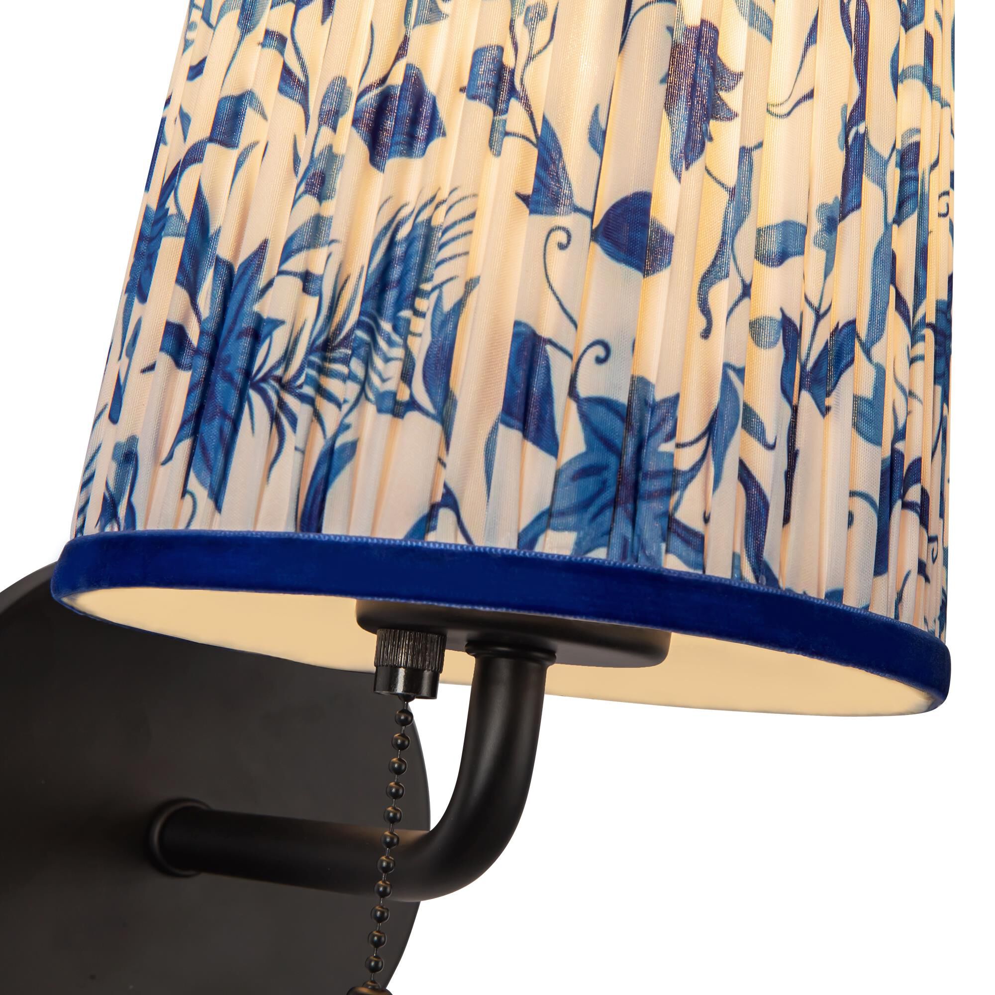 Shown in Matte Black finish and Blue Linen shade