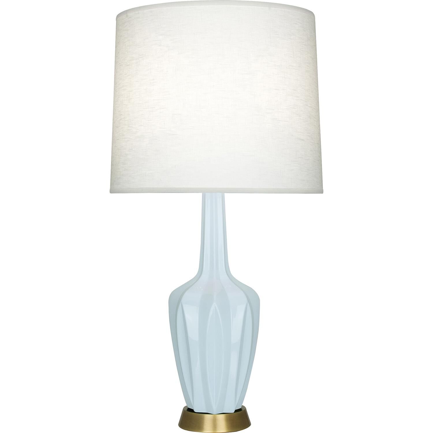 Shown in Baby Blue finish and Off White shade and Warm Brass accent