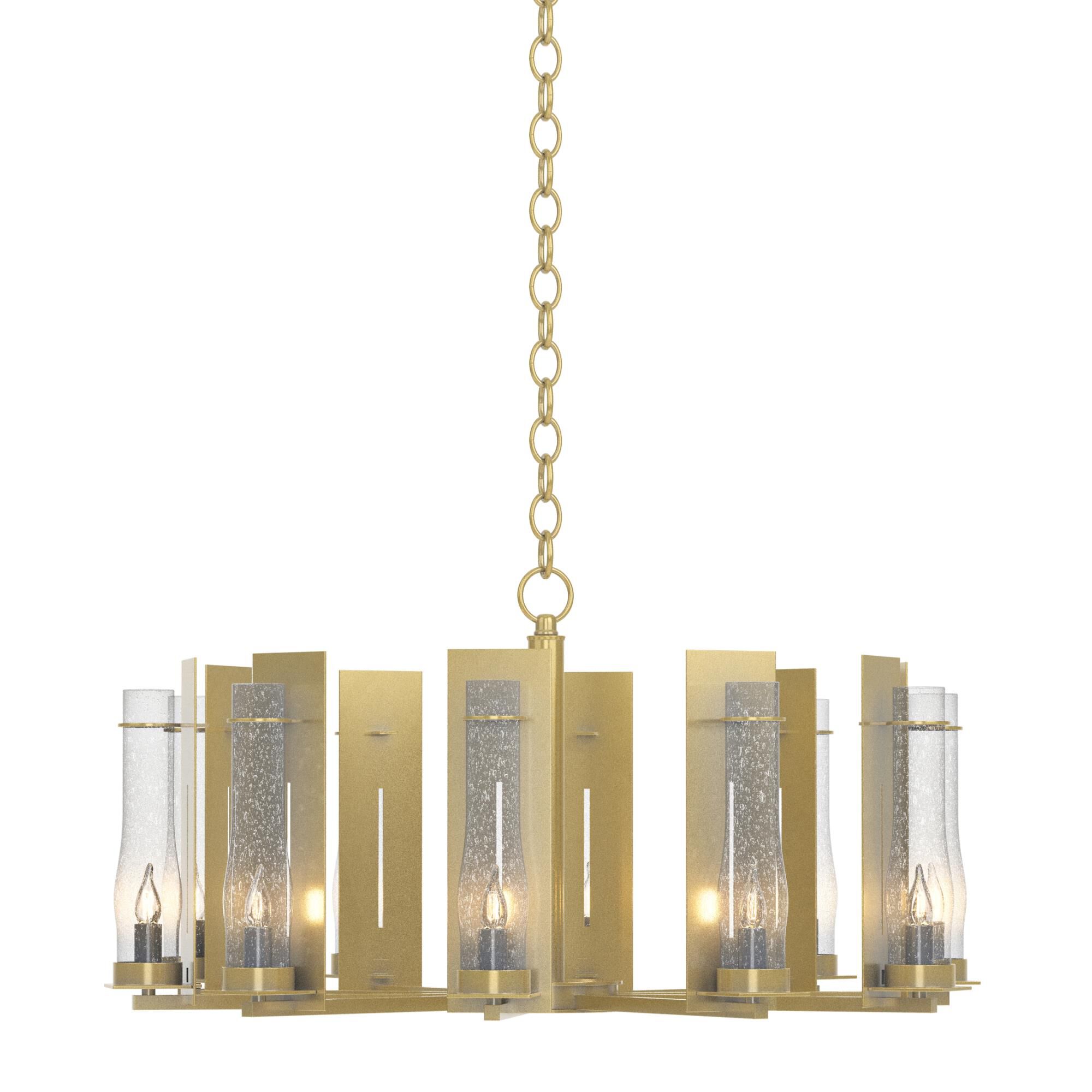 Shown in Modern Brass finish and Seeded Clear (Ii) glass