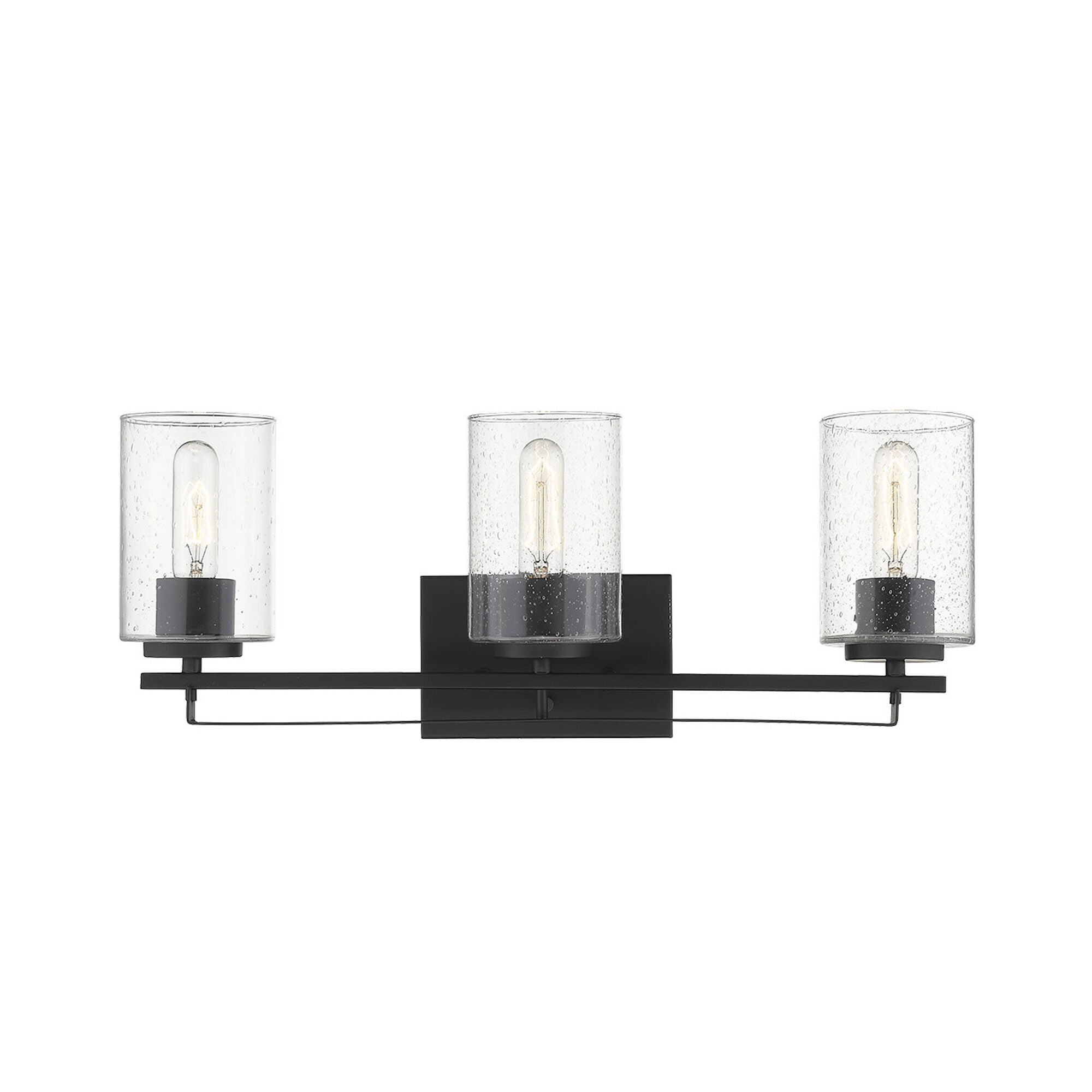 Shown in Matte Black finish and Clear glass and Clear, Seeded Cylindrical Glass s shade