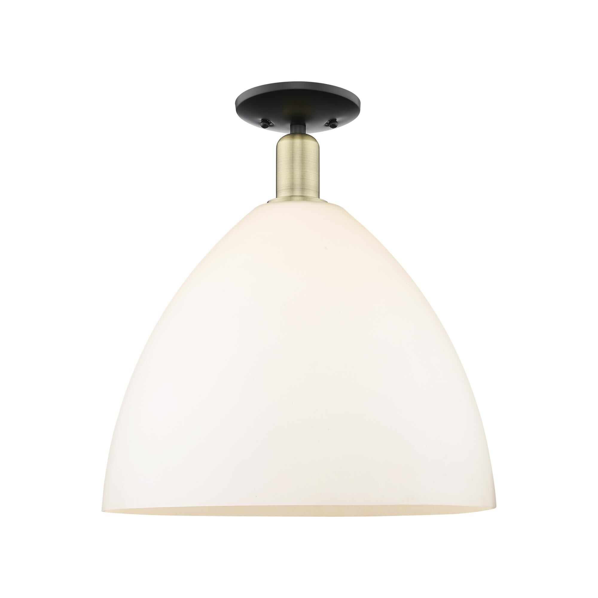 Shown in Black Antique Brass finish and Matte White glass