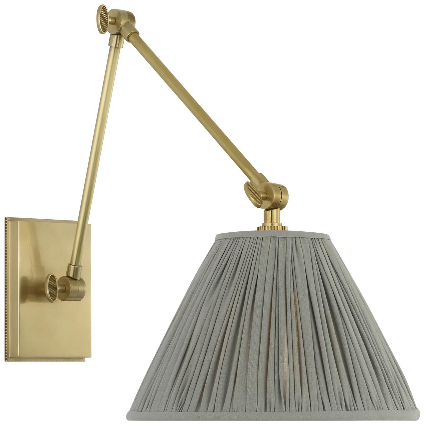 Shown in Soft Brass finish and Blue Linen Pleated shade