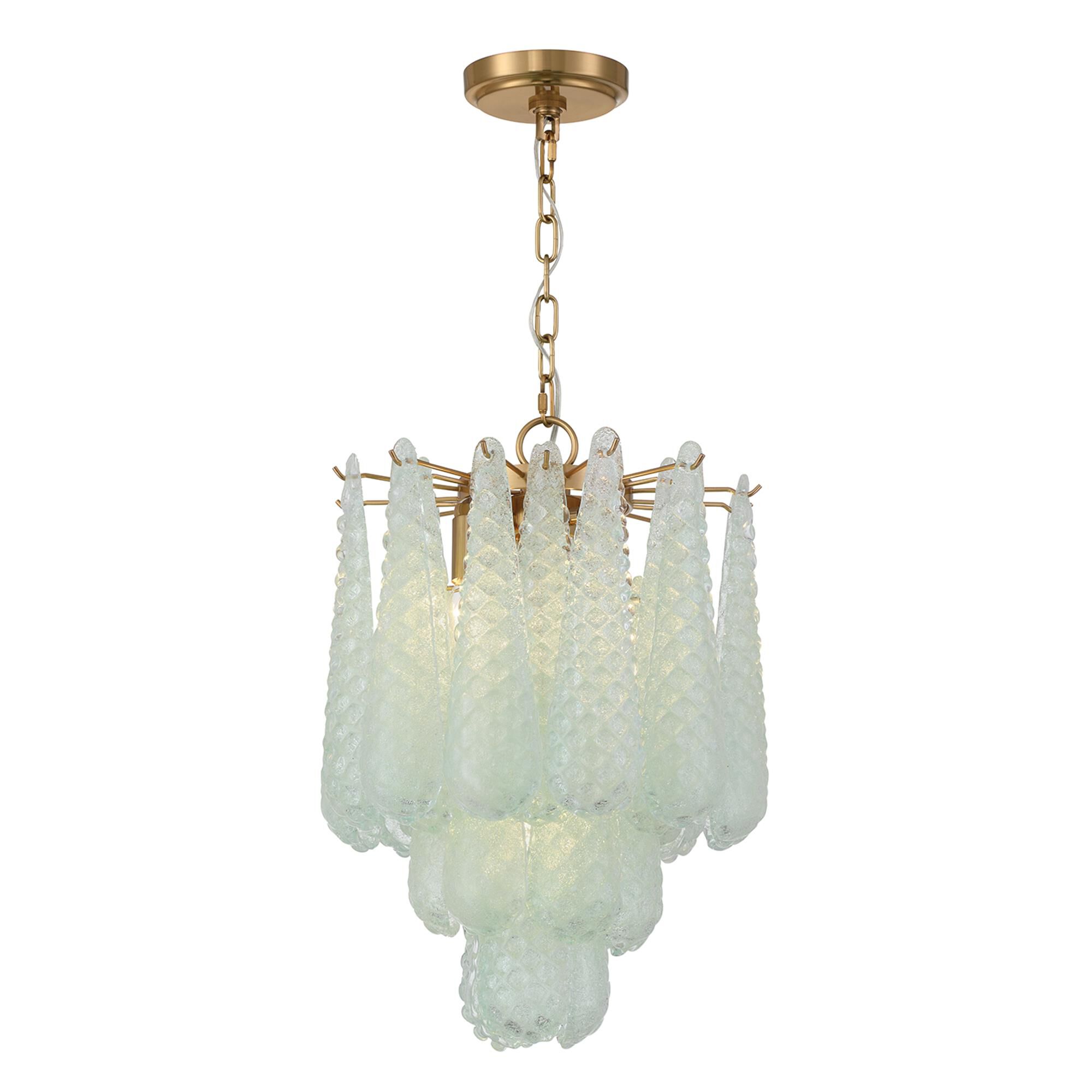 Shown in Aged Brass finish and Sand Green glass