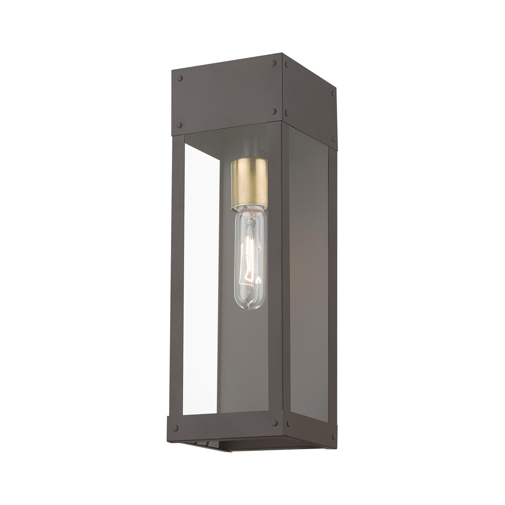 Shown in Bronze with Antique Brass Candle finish and Clear glass