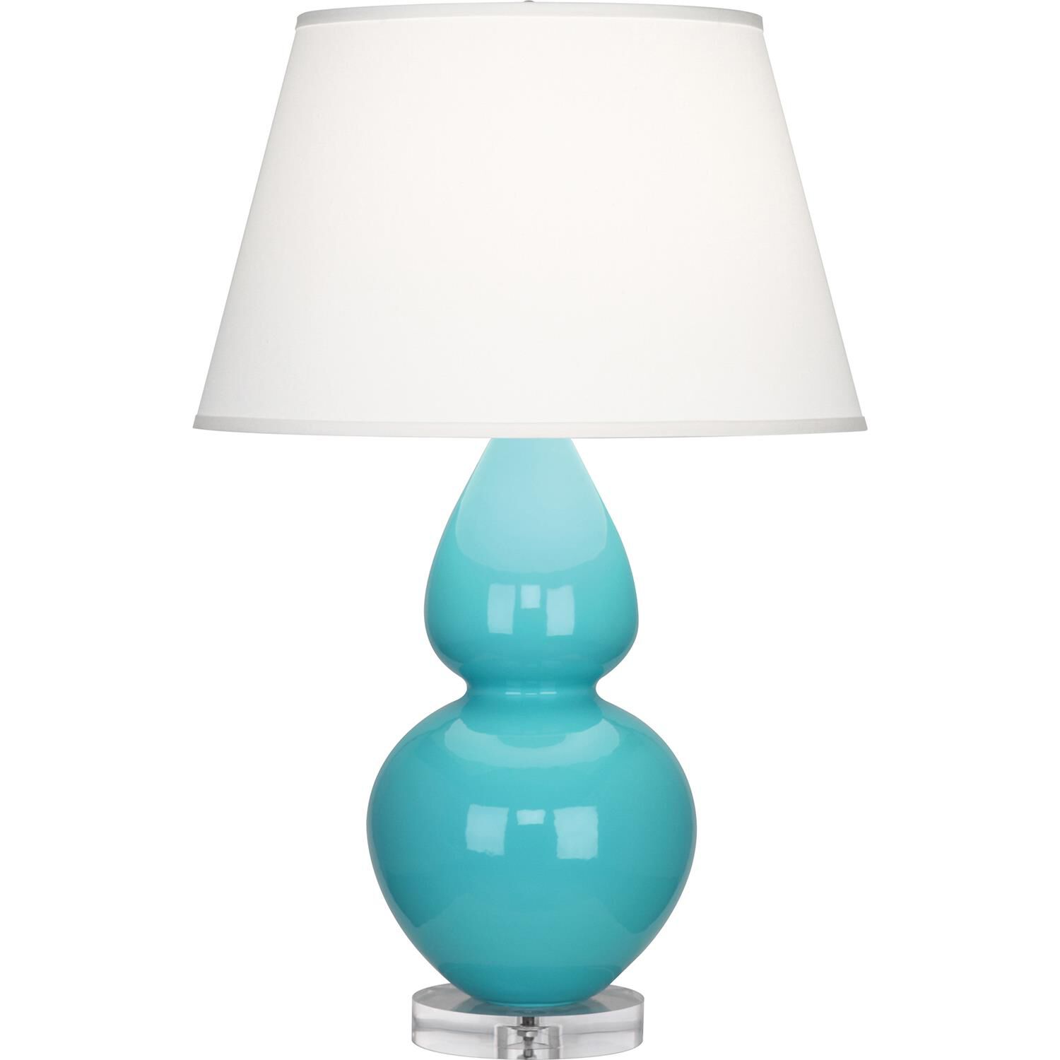 Shown in Egg Blue Glazed Ceramic With Lucite Base finish and Pearl Dupioni Fabric shade