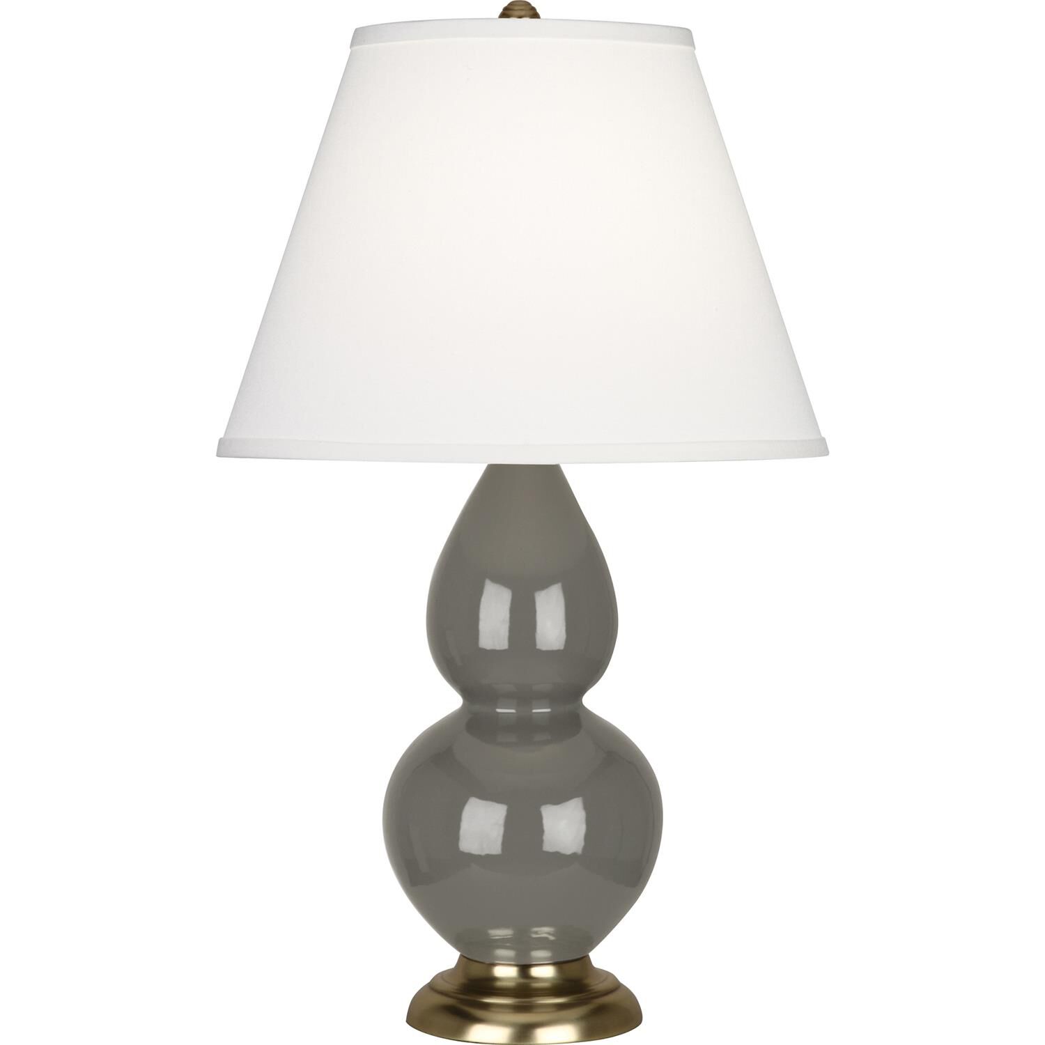 Shown in Ash Glazed Ceramic With Antique Brass ed Accents finish and Pearl Dupioni Fabric shade