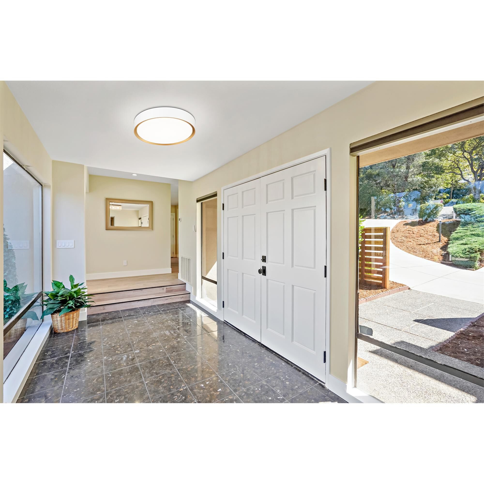 Shown in Matte White And Modern Gold finish and Frosted glass and Frosted shade