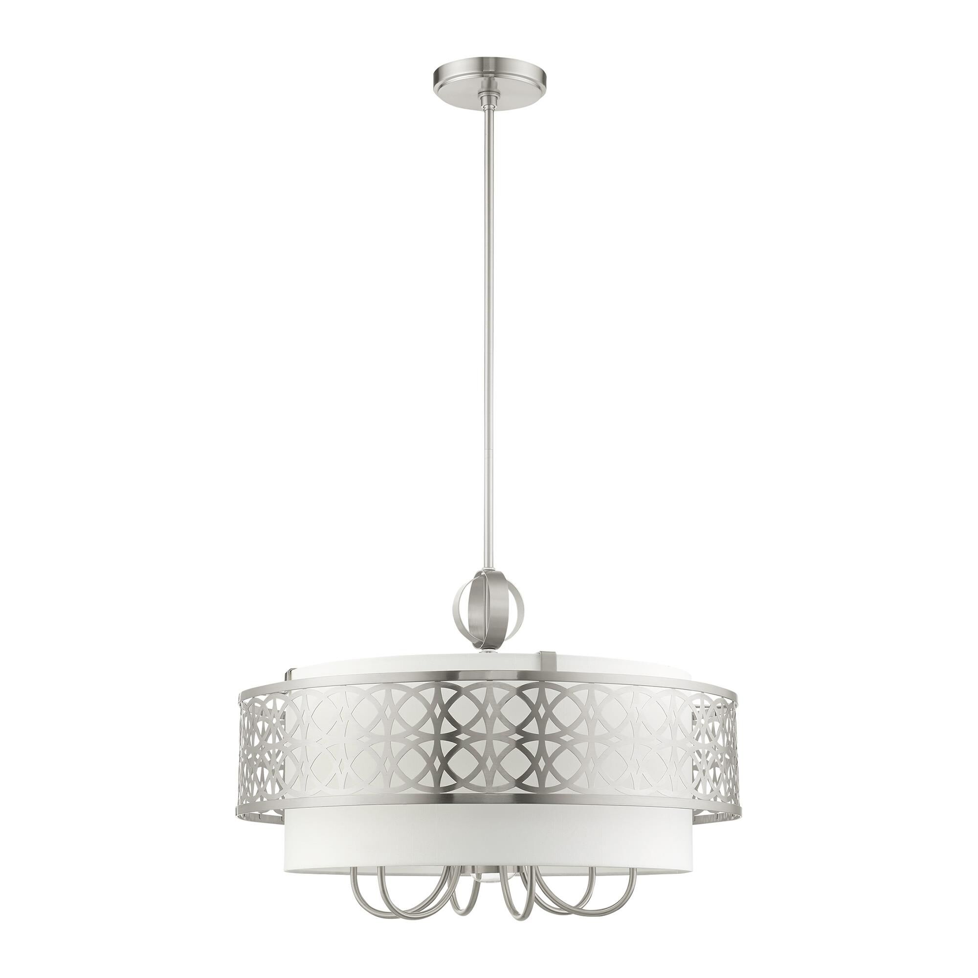 Shown in Brushed Nickel finish and Hand Crafted Hardback  Completely Finished With Off-White Color Fabric Outside and Inside shade