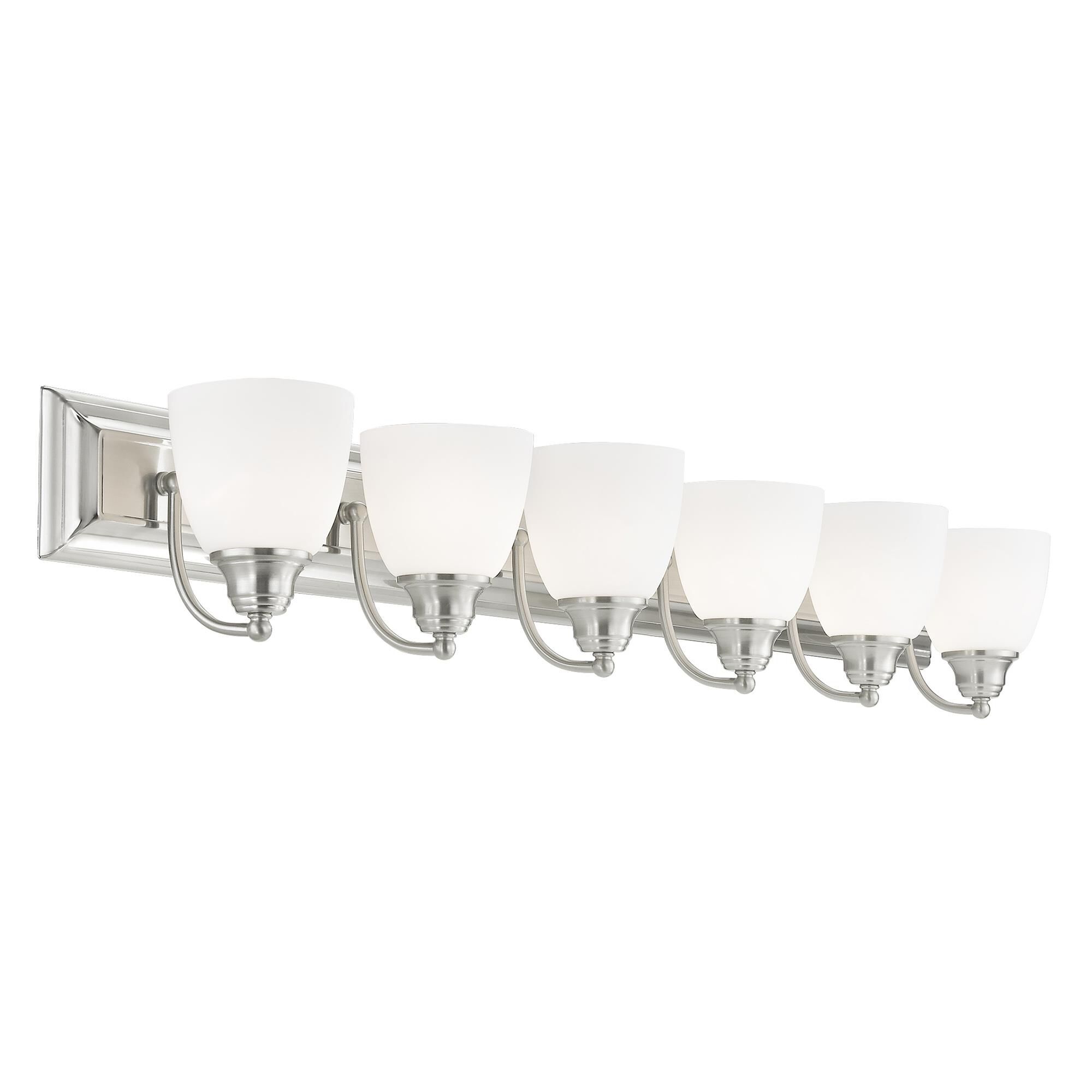 Shown in Brushed Nickel finish and Hand Blown Satin Opal White glass