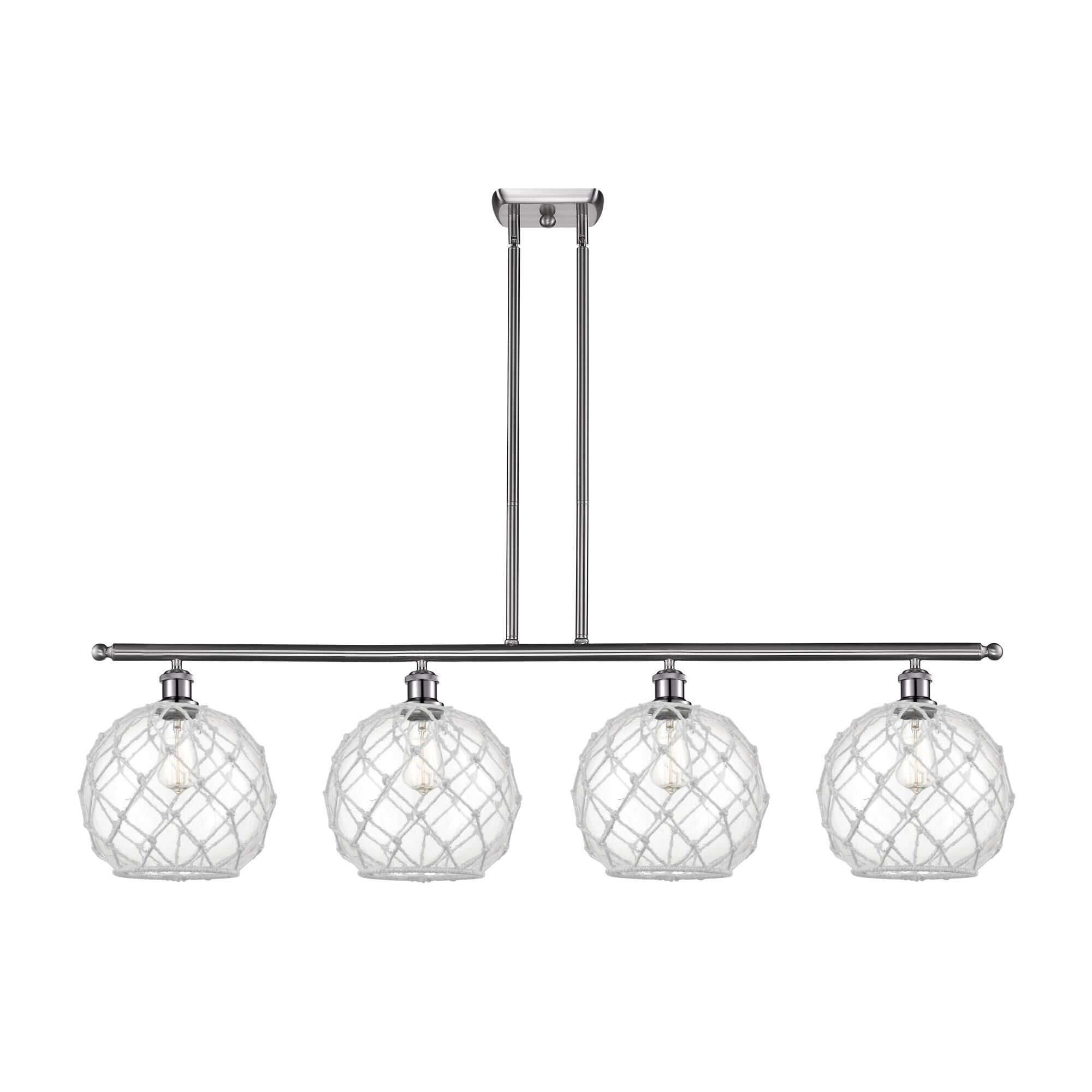 Shown in Brushed Satin Nickel finish and Sphere glass and Glass And Rope shade