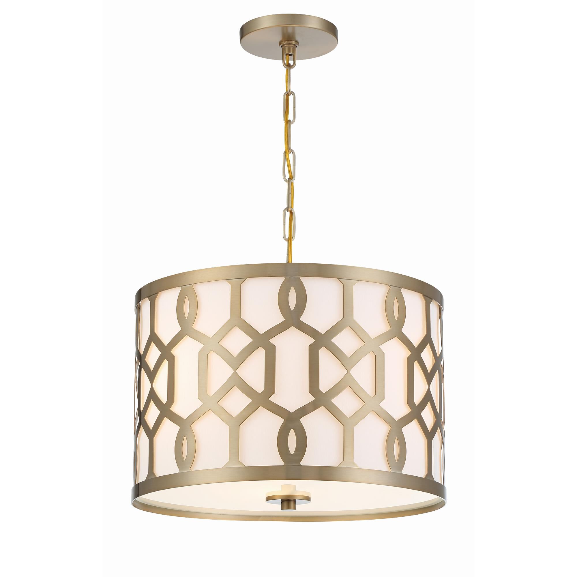 Shown in Aged Brass finish and White Linen glass and White Linen shade