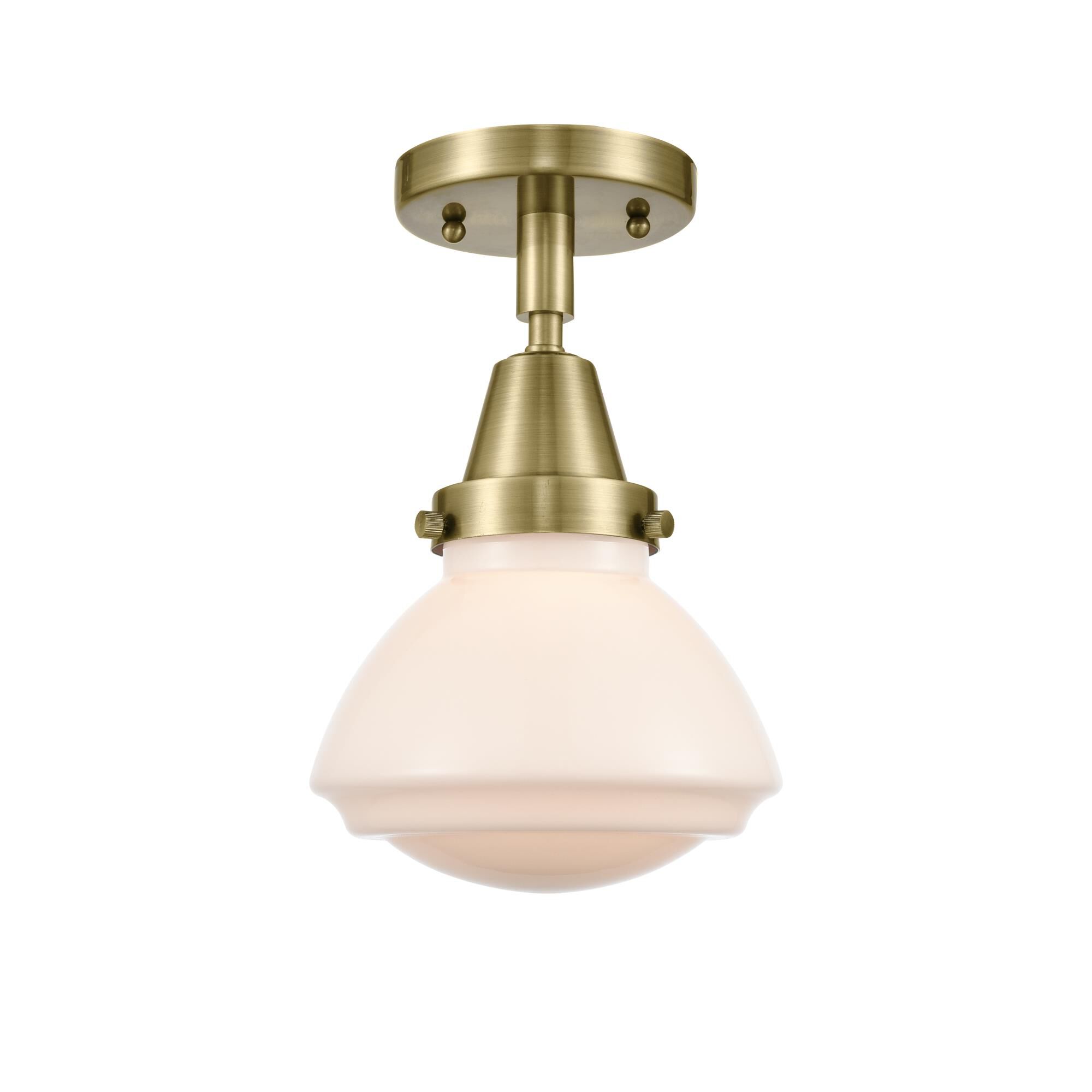 Shown in Antique Brass finish and Matte White Olean glass and No Shade shade