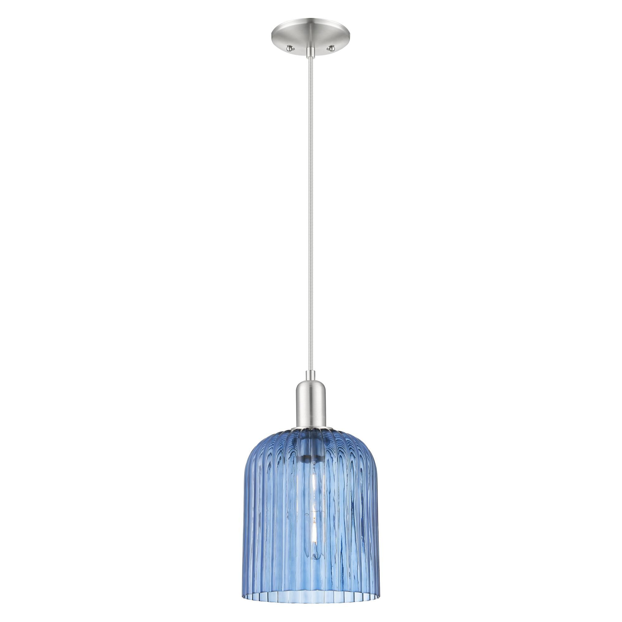 Shown in Brushed Satin Nickel finish and Blue glass