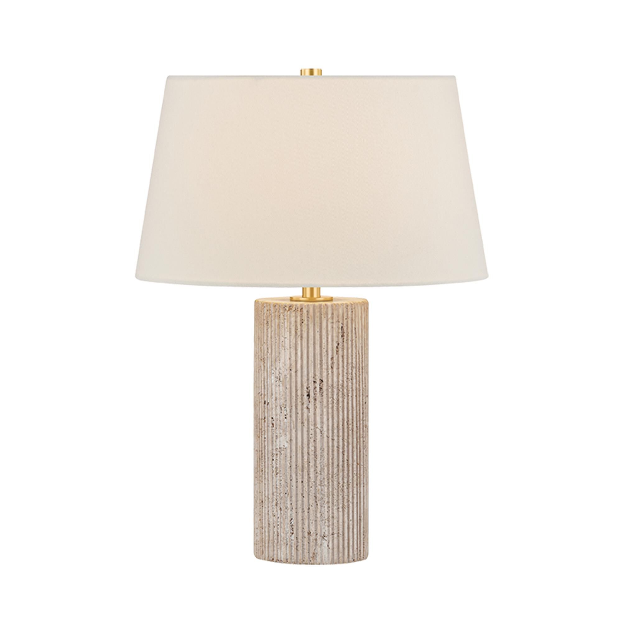 Shown in Aged Brass finish and Off White Linen shade