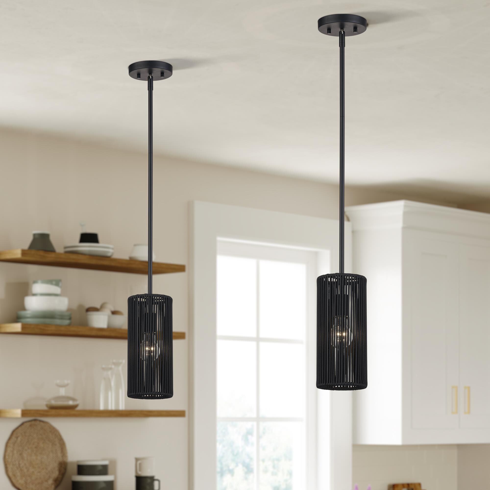 Shown in Black finish and Hand-Woven Parisian Night Color Polyester Rope shade