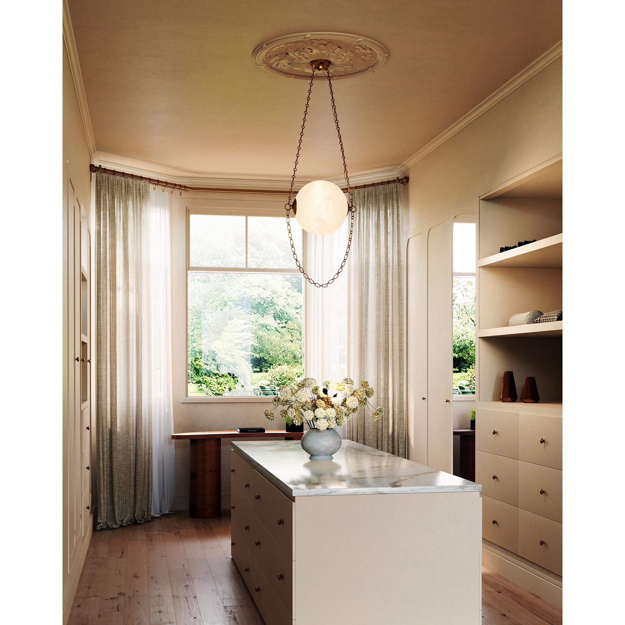 Shown in Vintage Brass finish and Cloud glass