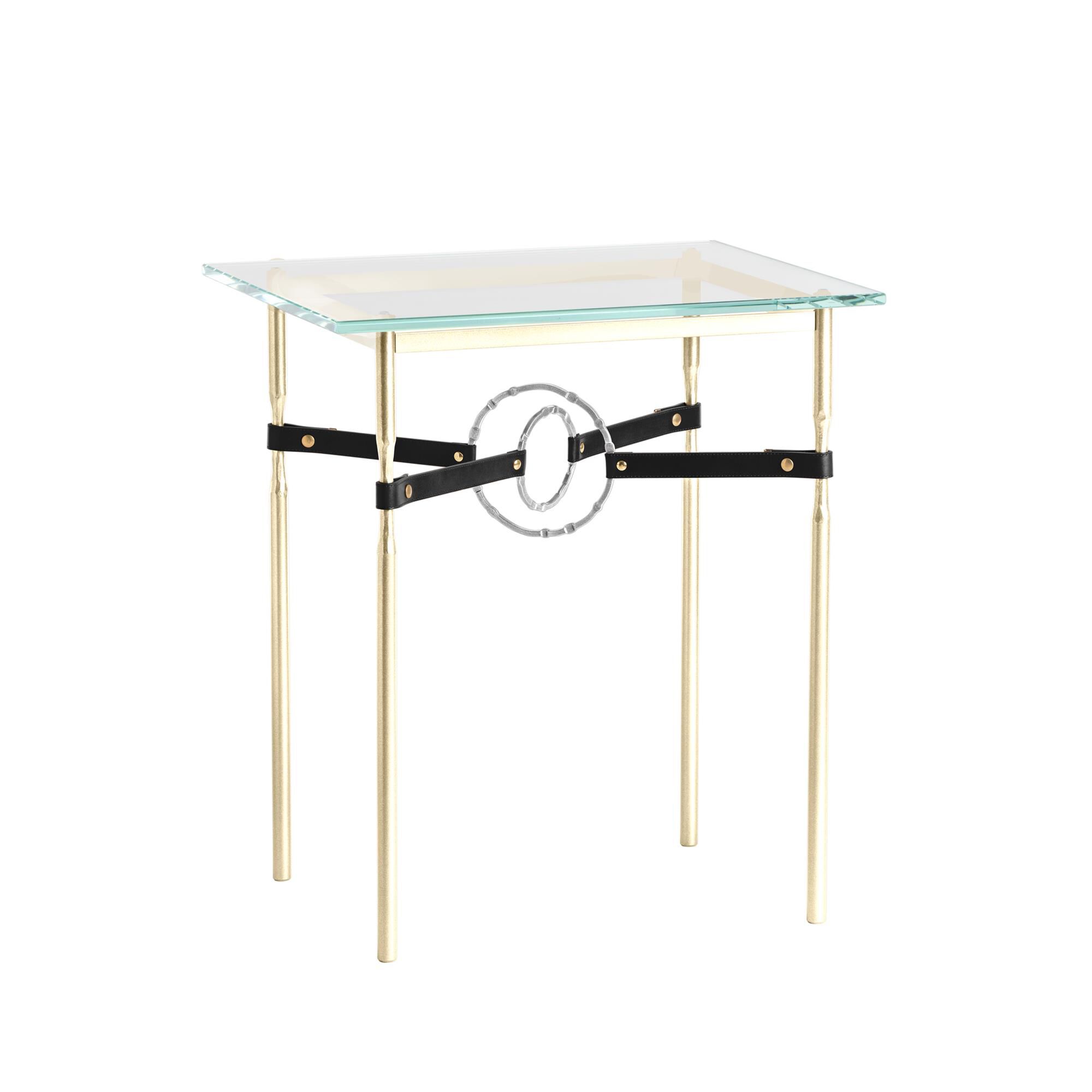 Shown in Modern Brass finish and Sterling Metal Detail with Black Leather accent