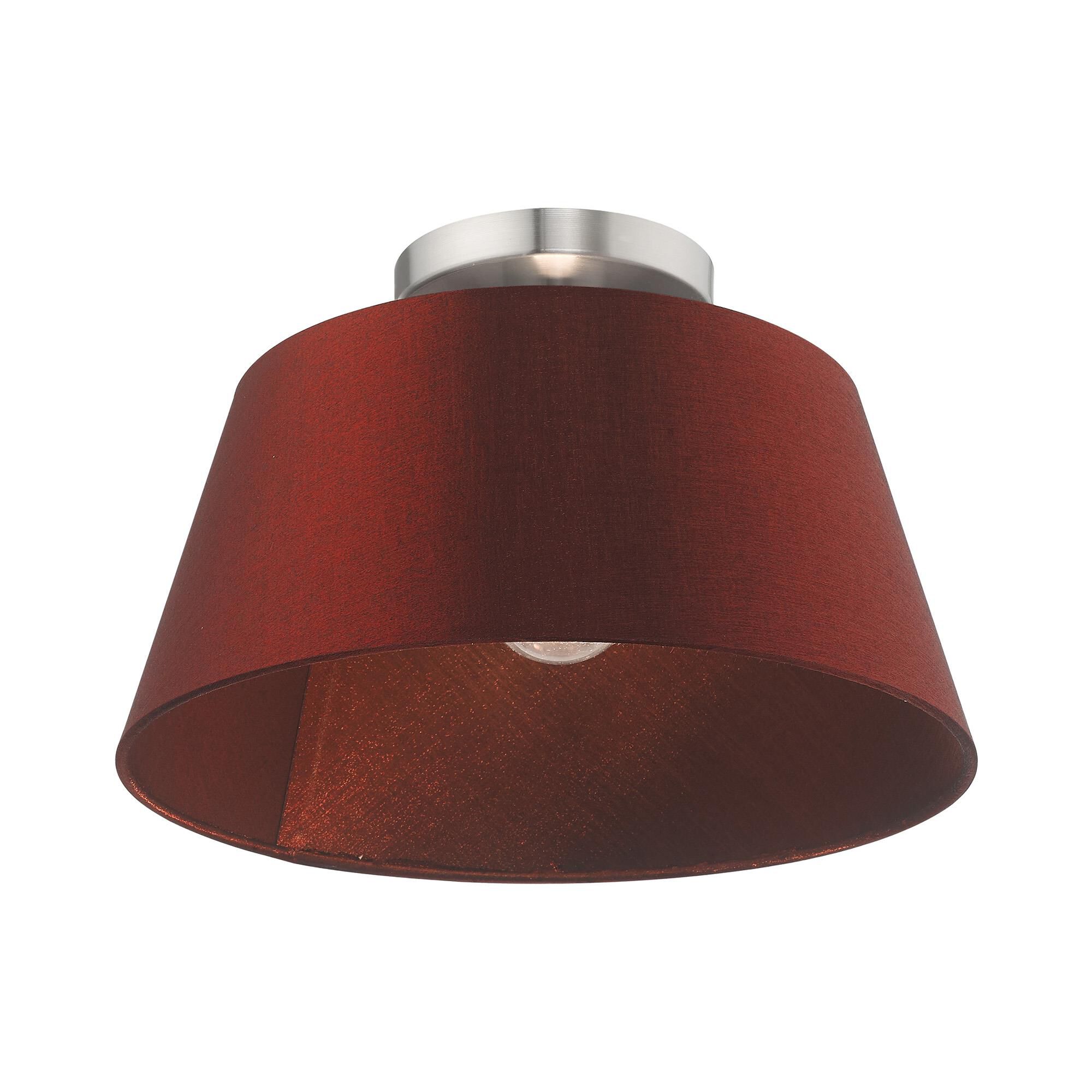 Shown in Brushed Nickel finish and Hand Crafted Red Wine Fabric Hardback shade
