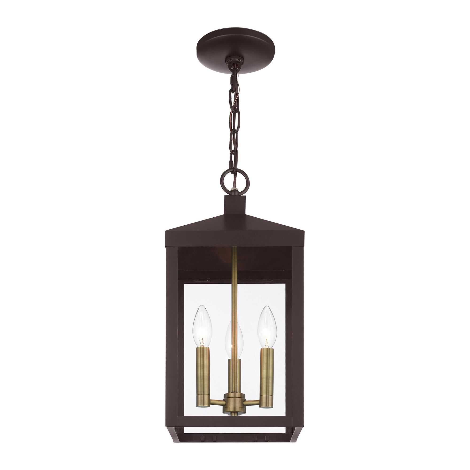 Shown in Bronze With Antique Brass Cluser finish and Clear glass and Clear Glass shade