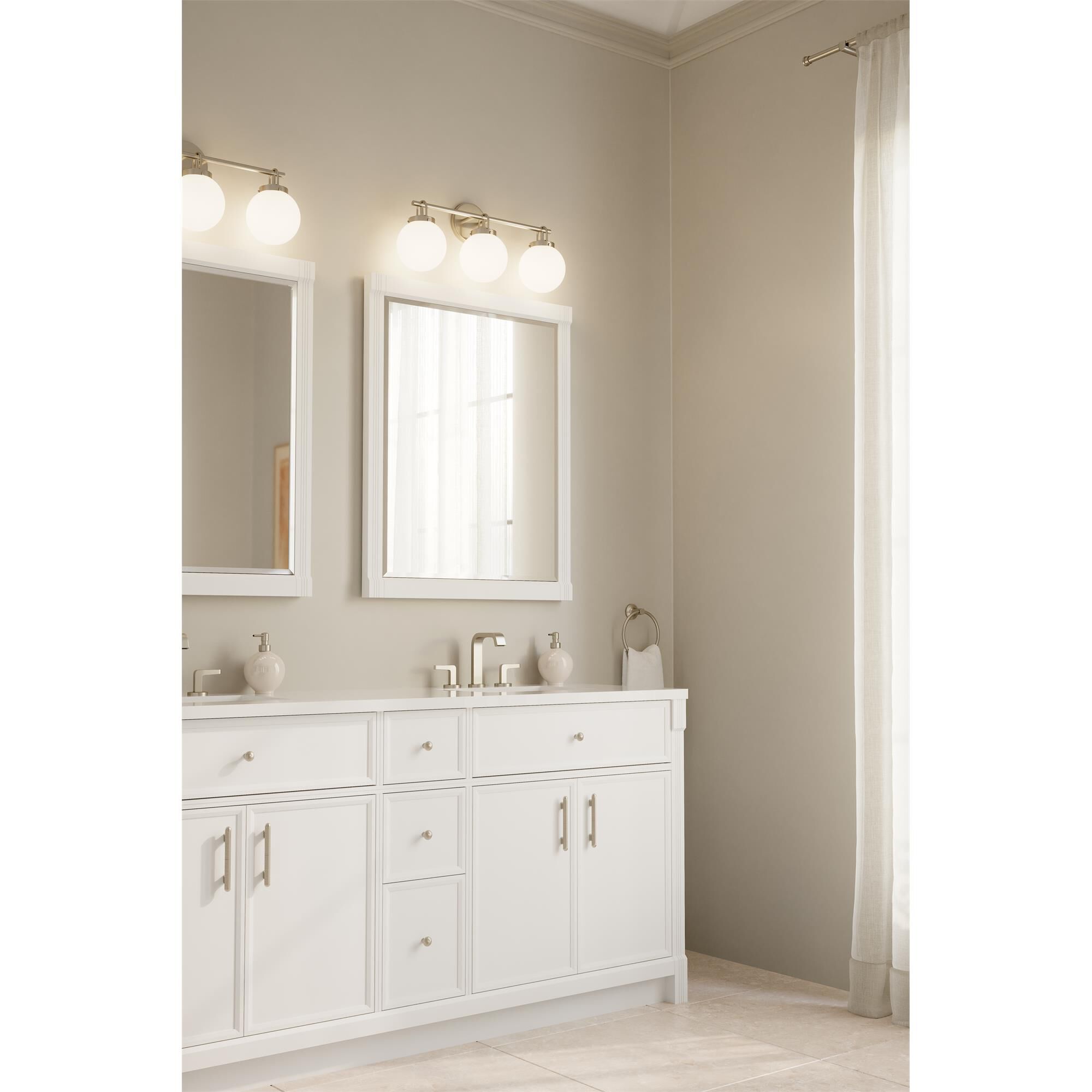 Shown in Brushed Nickel finish and Etched White glass