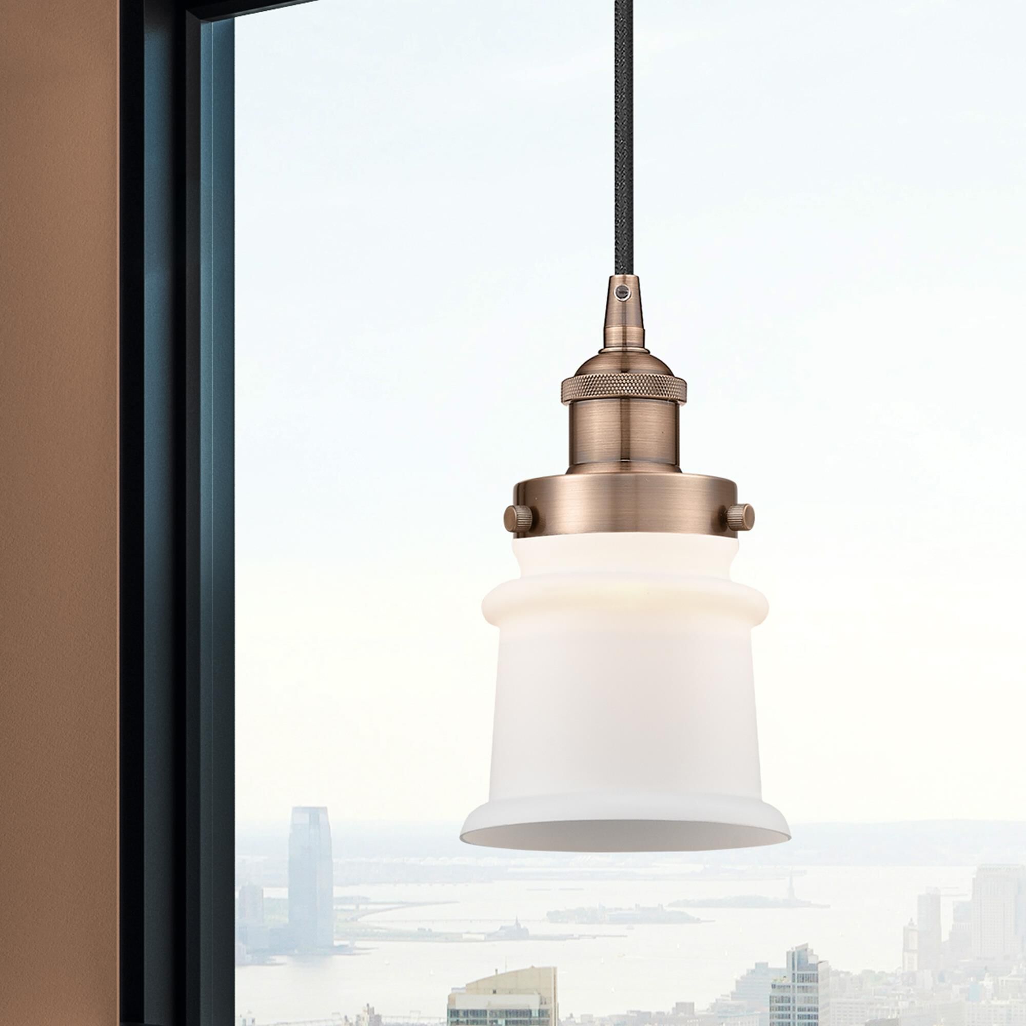 Shown in Antique Copper finish and Matte White glass