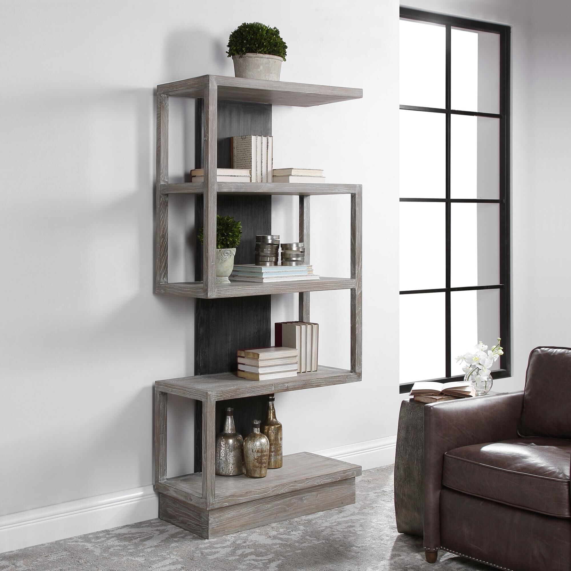 Shown in The Dramatic Contrast Of This Asymmetrical Etagere Gives An Updated Contemporary Feel, Featuring Elm finish