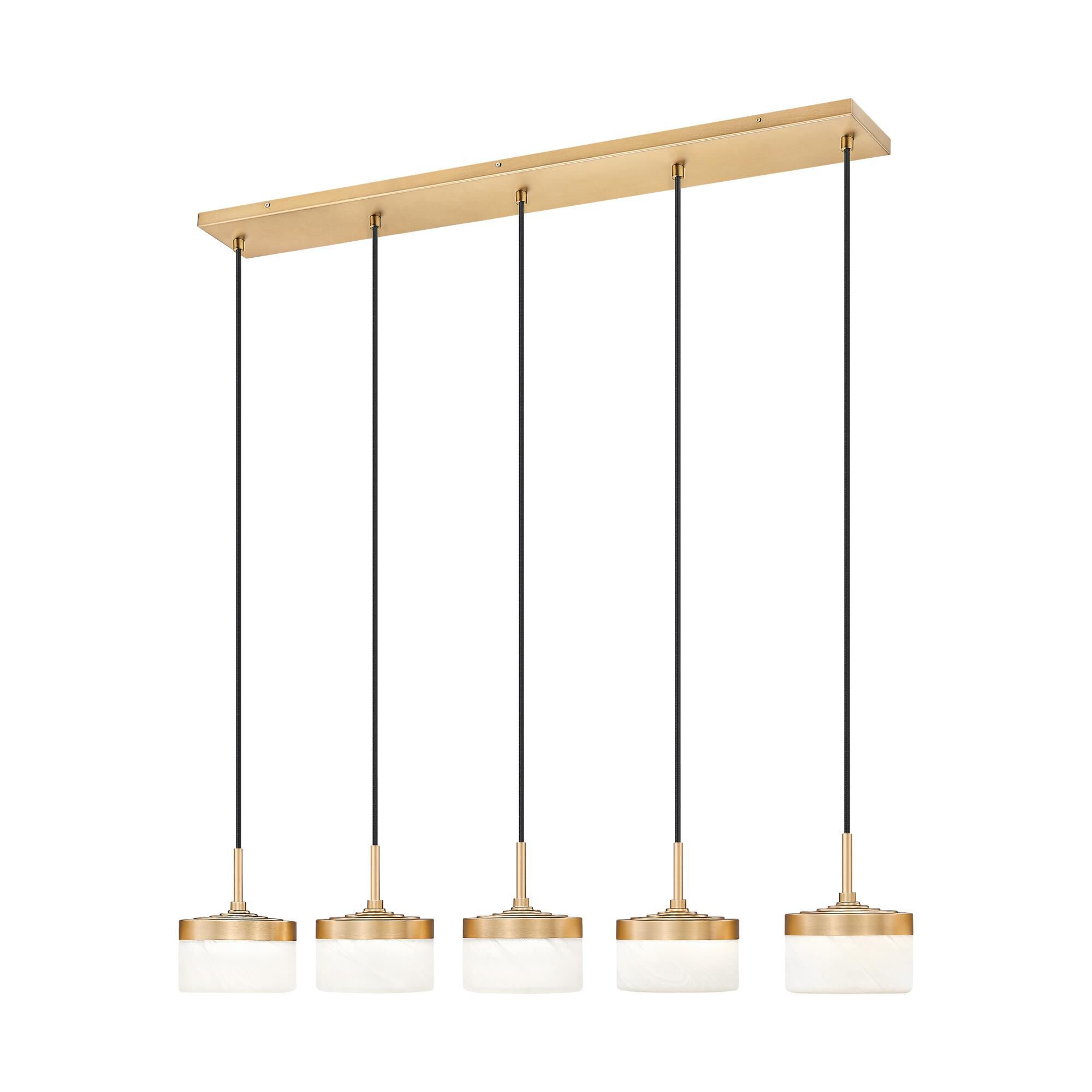 Shown in Modern Gold finish and Feathered White glass