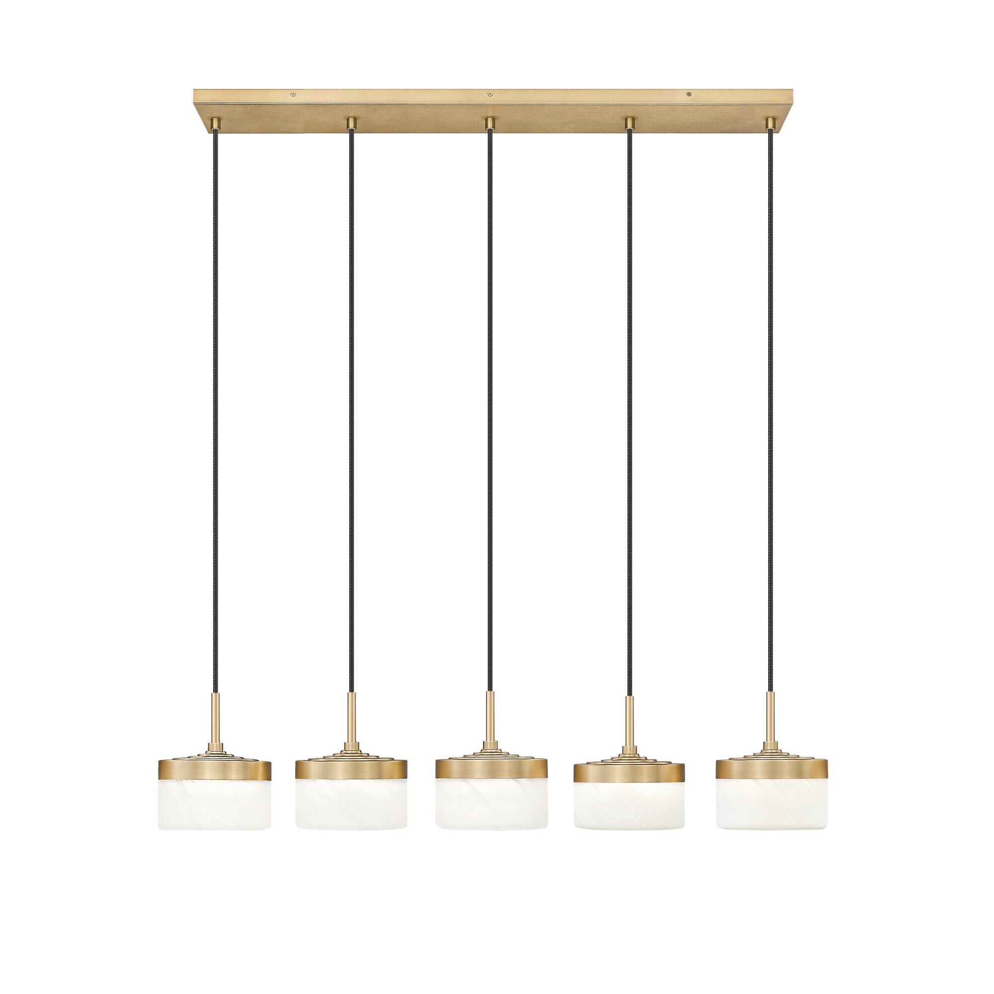 Shown in Modern Gold finish and Feathered White glass