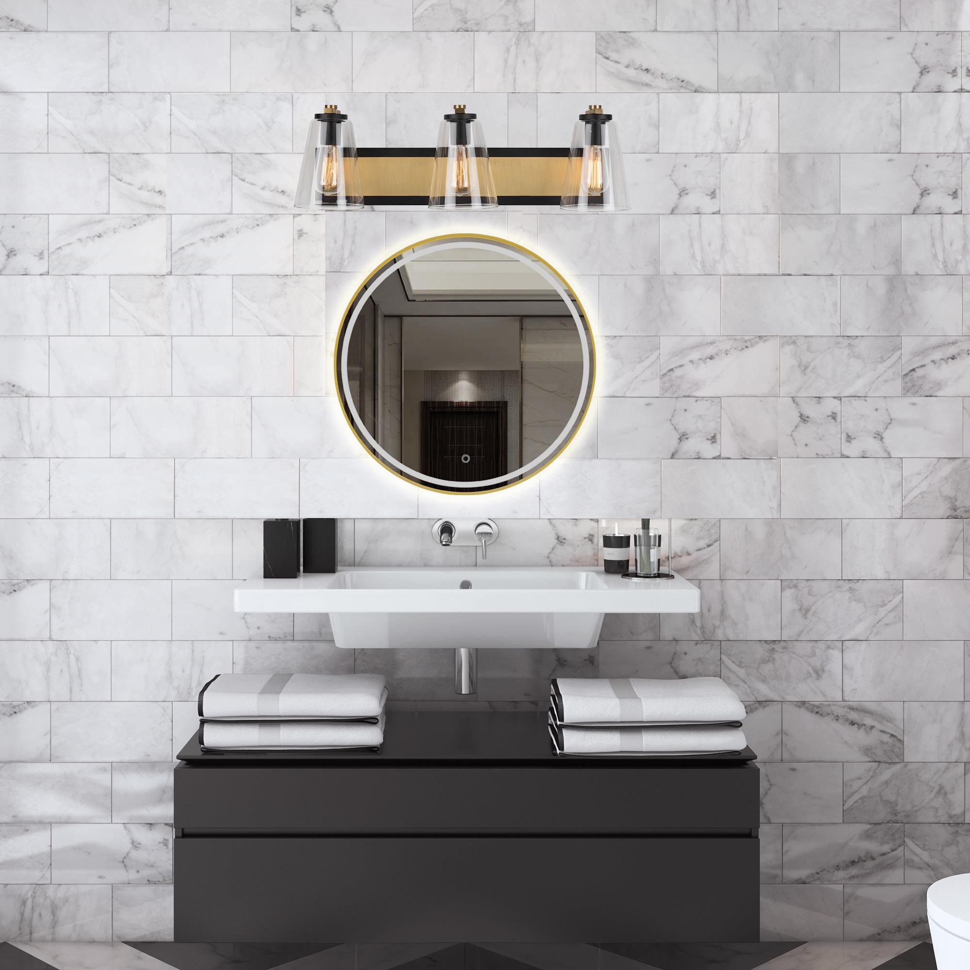 Shown in Black and Brass finish and Clear glass