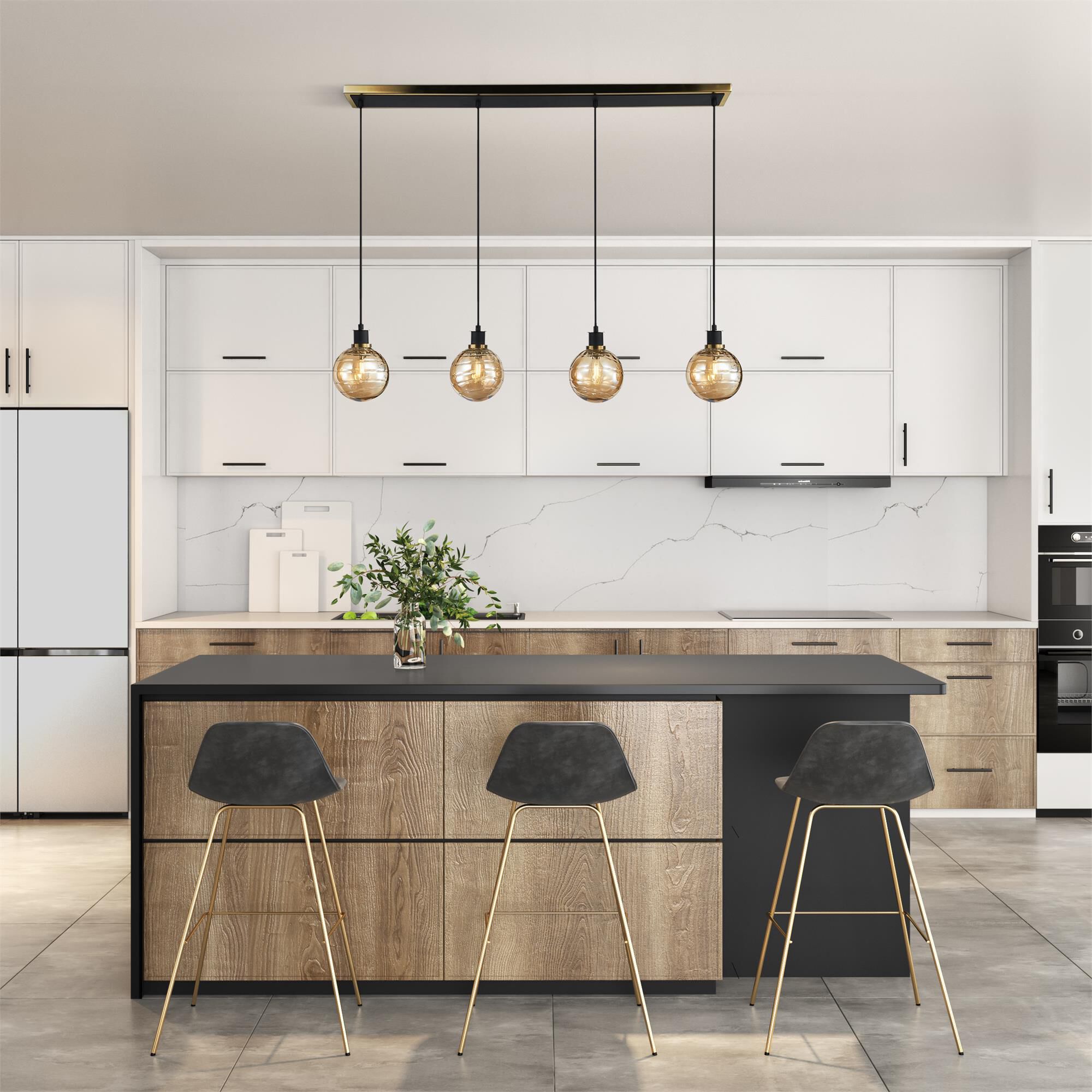 Shown in Black and Brushed Brass finish and Amber glass