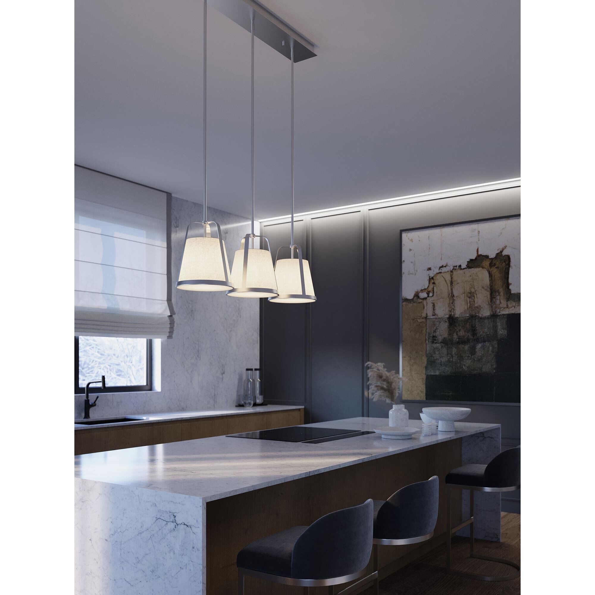 Shown in Satin Nickel finish and Linen White shade