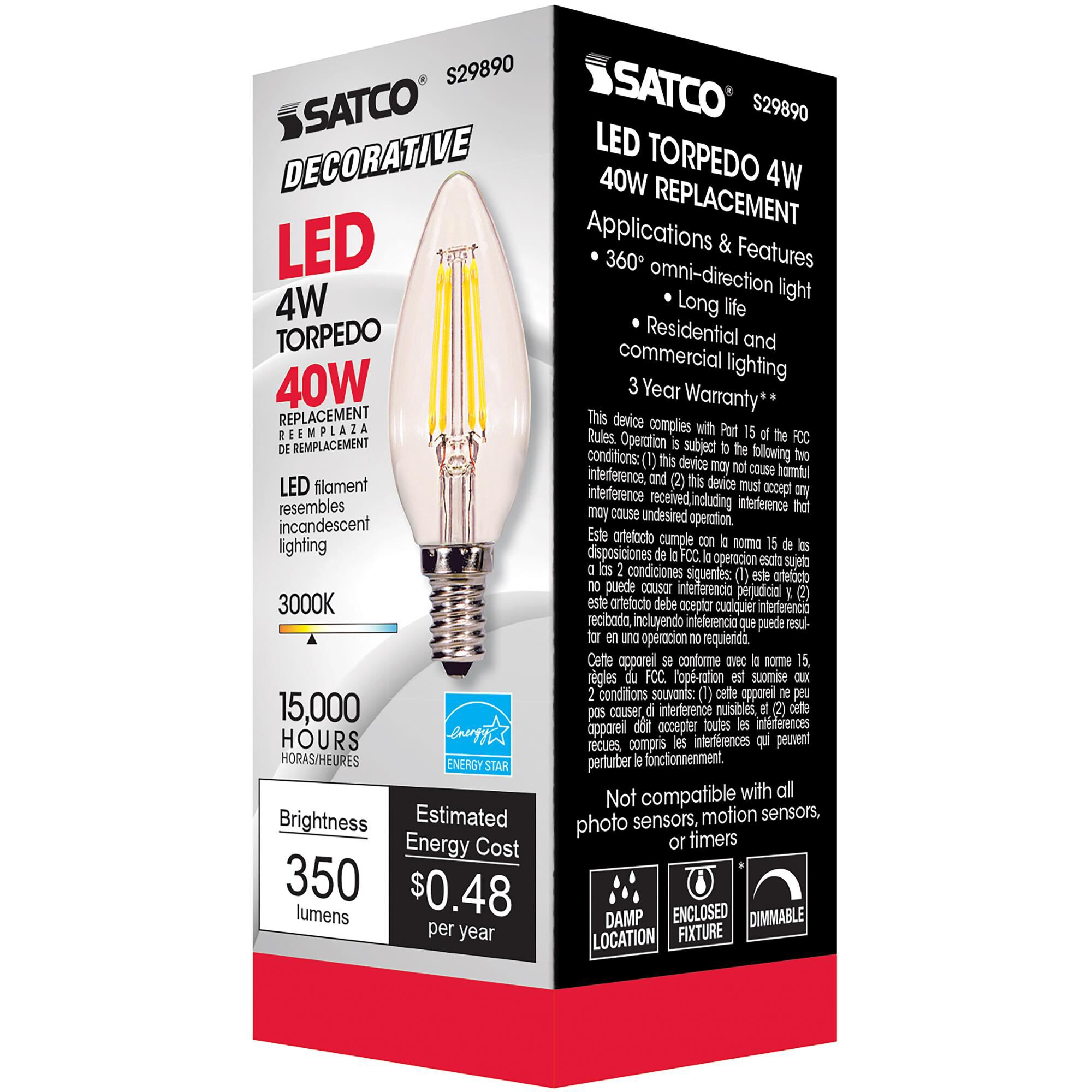 Dimmable 4 Watt 3000K B11 LED Light Bulb by Satco