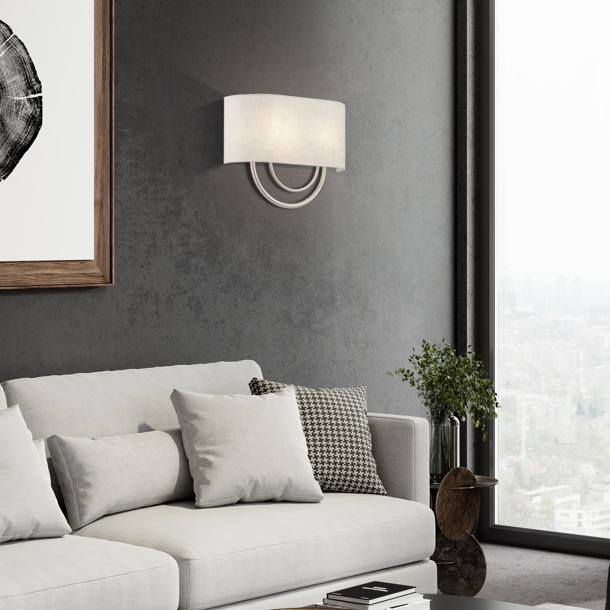 Shown in Brushed Nickel finish and Hand Crafted Oatmeal Color Fabric Hardback with White Fabric Inside shade