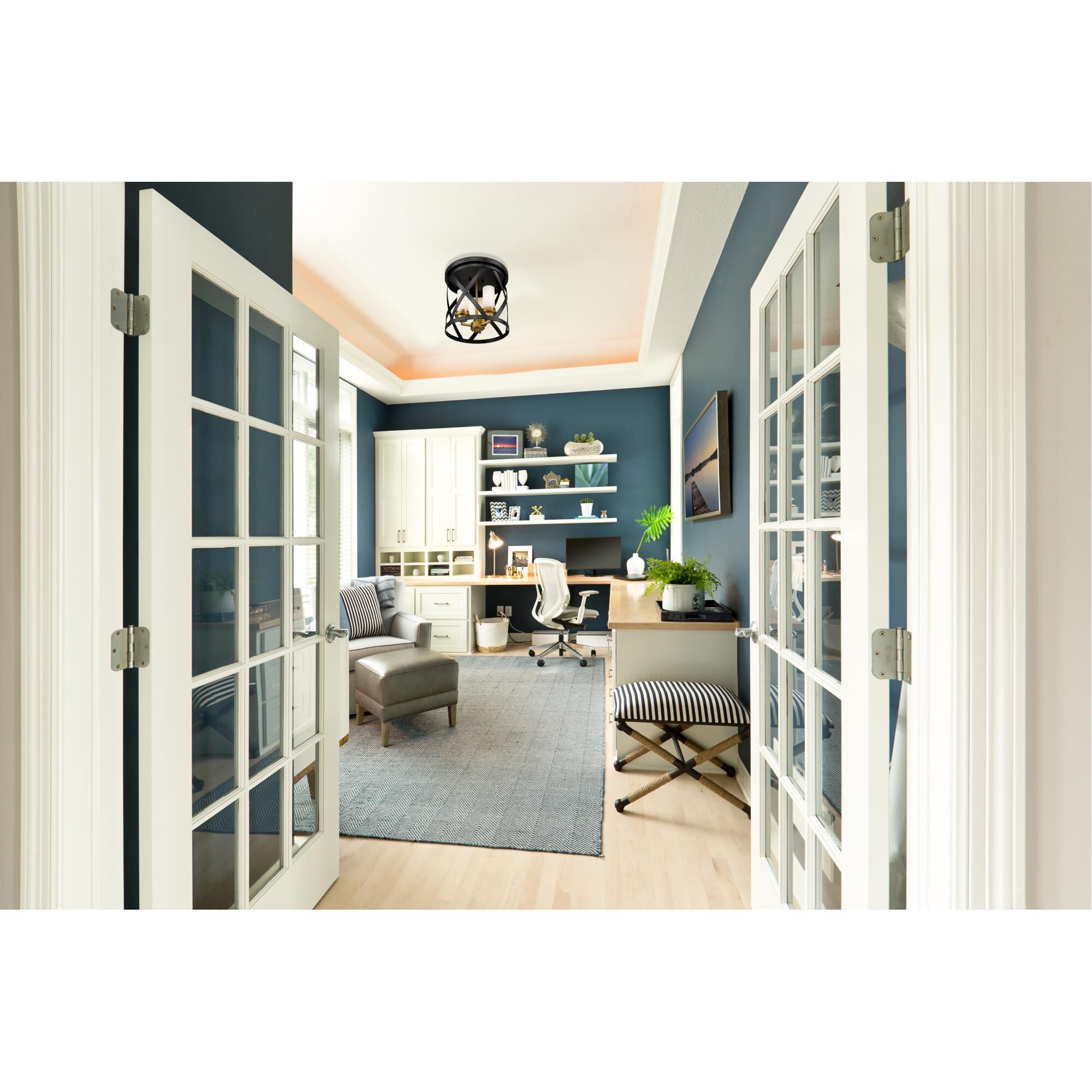 Shown in Matte Black + Olde Brass finish and Glass shade