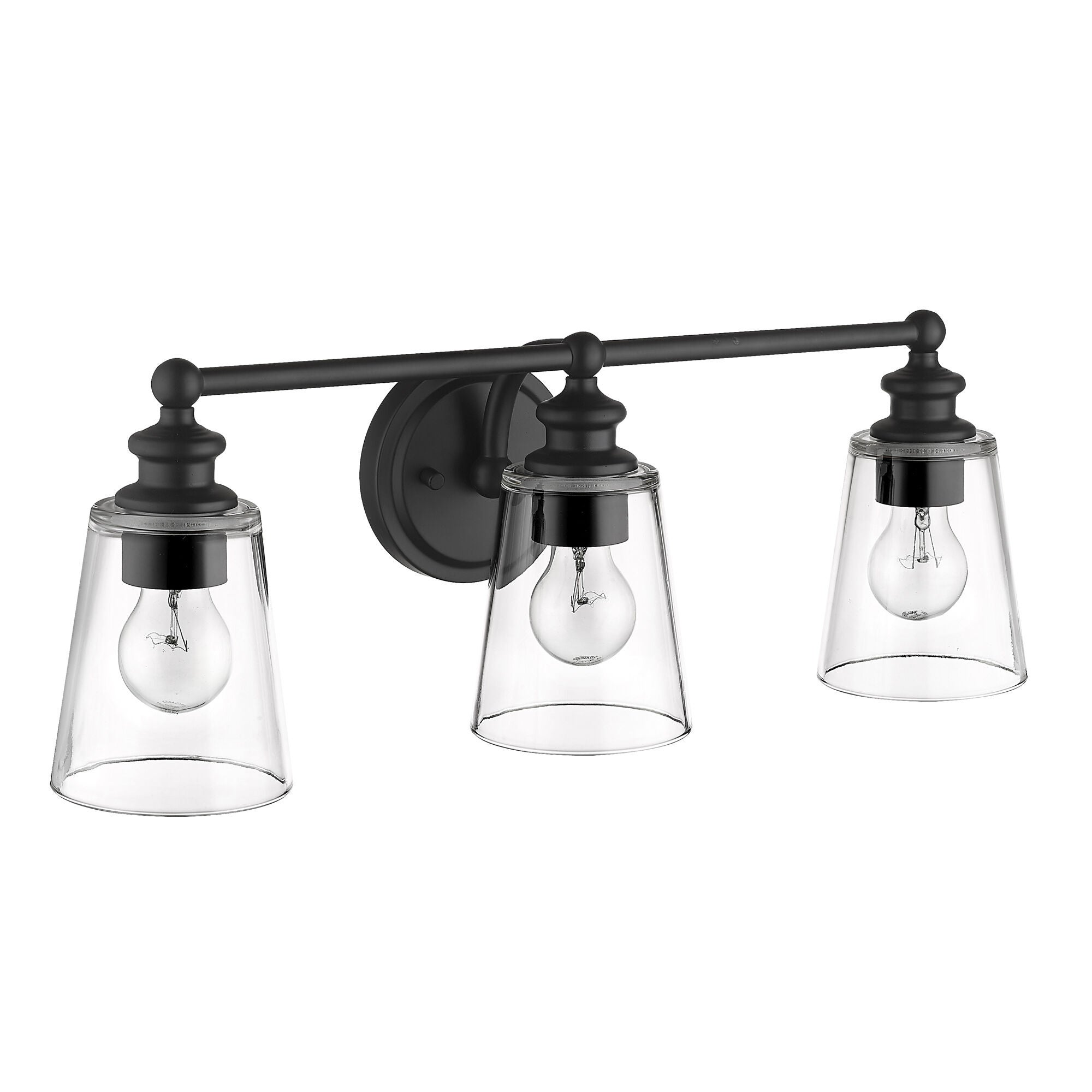Shown in Matte Black finish and Clear glass and Clear, Cone Shaped Glass shade