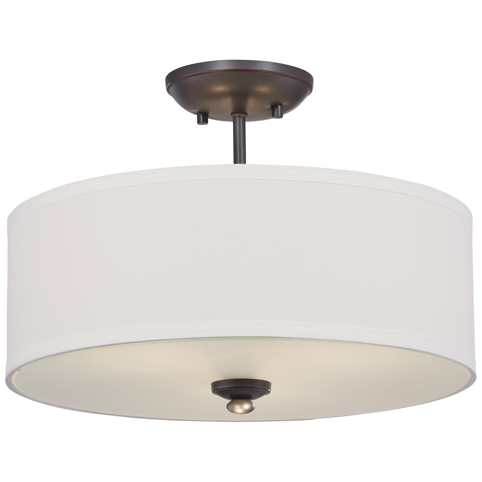 Shown in Lathan Bronze finish and White glass and White Linen Fabric shade