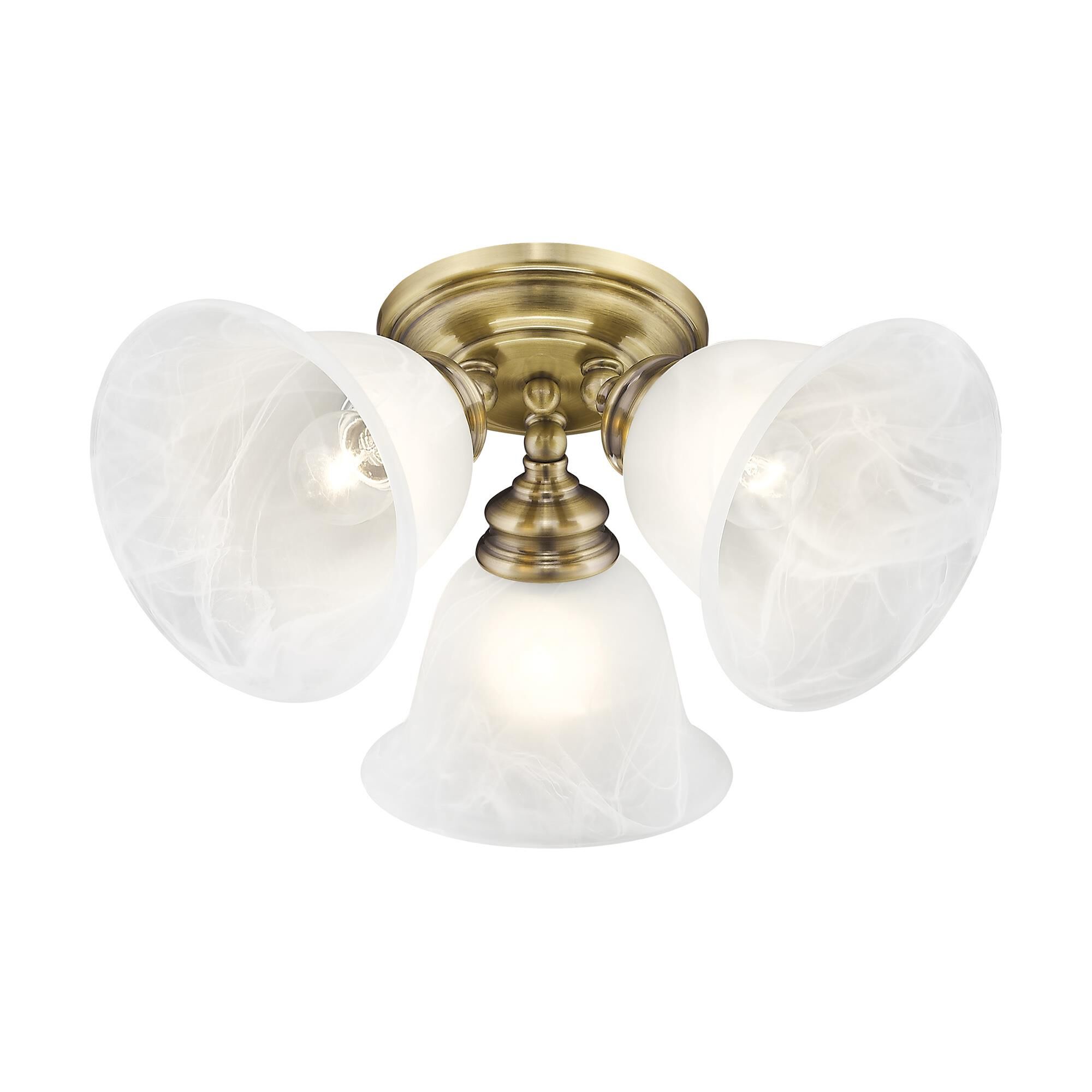 Shown in Antique Brass finish and White Alabaster glass