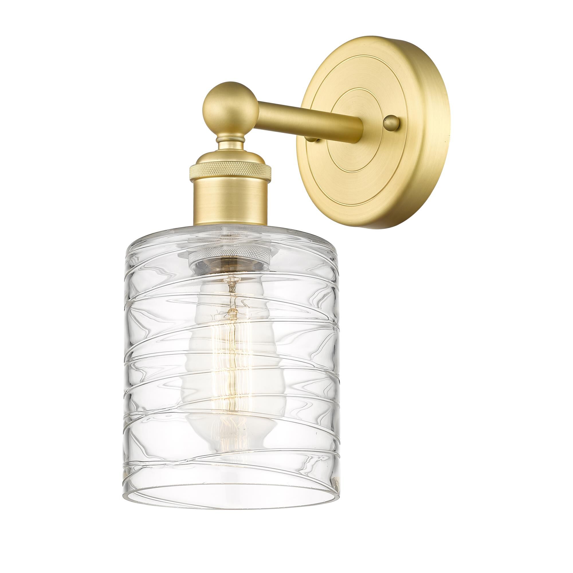 Shown in Satin Gold finish and Deco Swirl glass