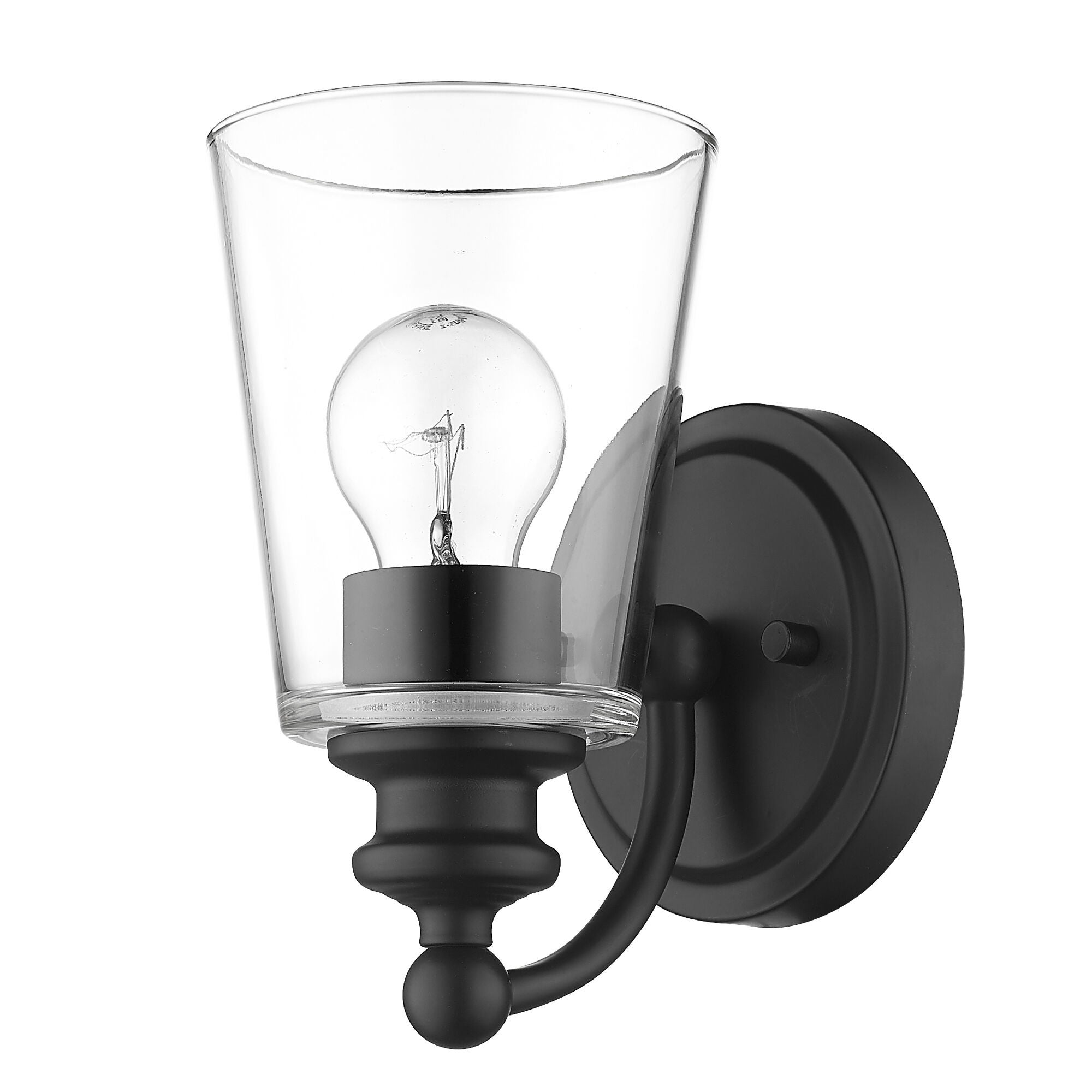 Shown in Matte Black finish and Clear glass and Clear, Cone Shaped Glass shade