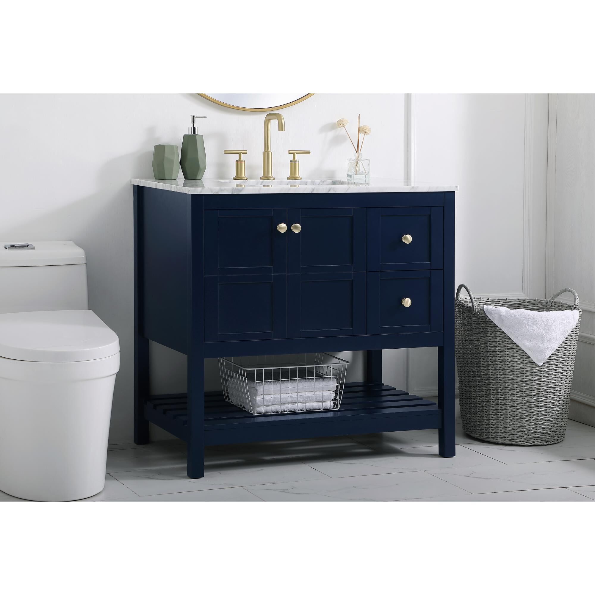 Shown in Blue And Gold With Carrara White Marble finish