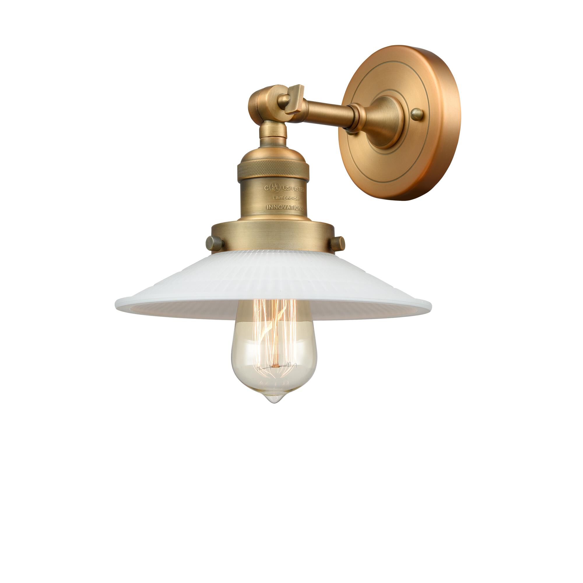 Shown in Brushed Brass finish and Matte White Halophane - Cone glass