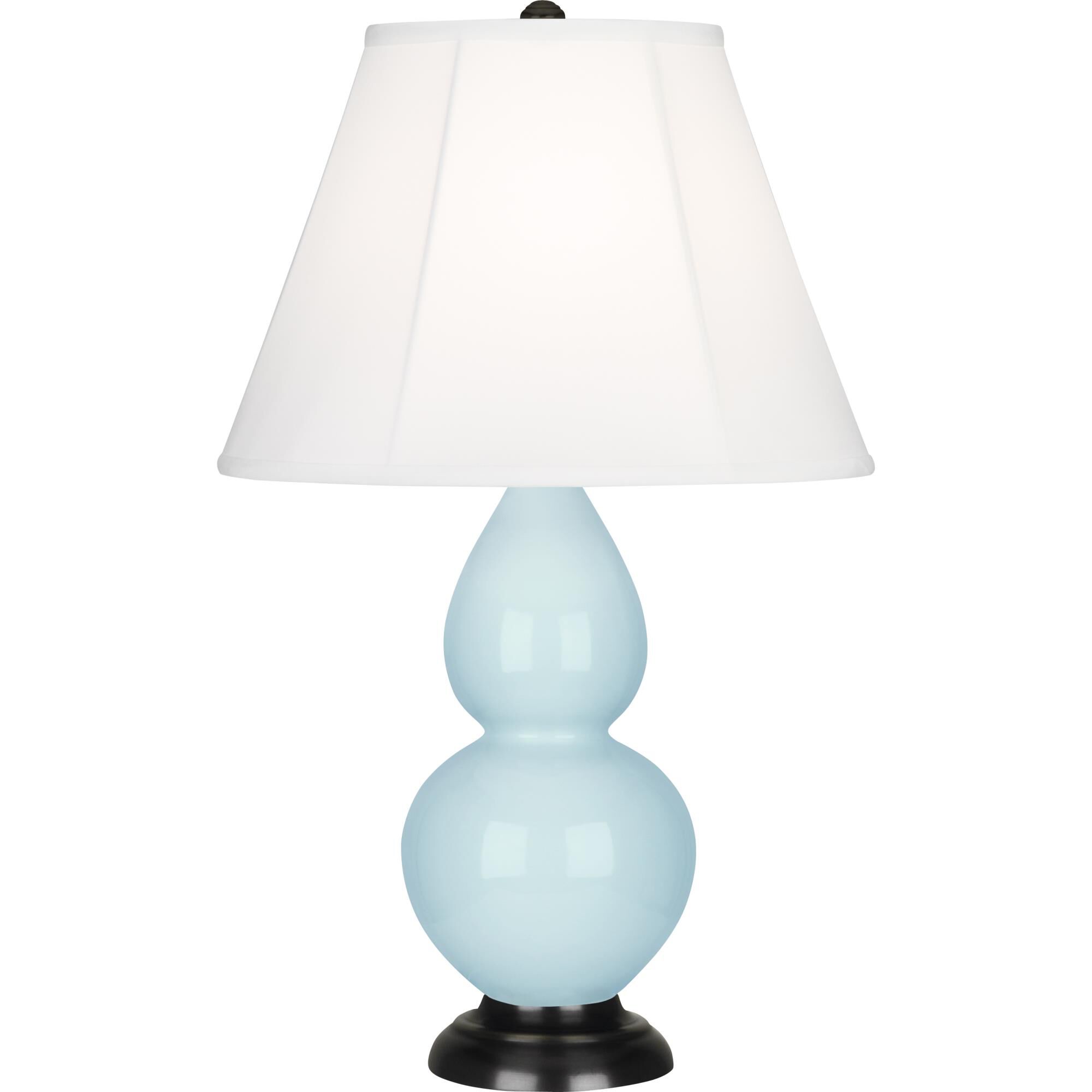 Shown in Baby Blue Glazed Ceramic With Deep Patina Bronze ed Accents finish and Ivory Silk Stretched Fabric shade