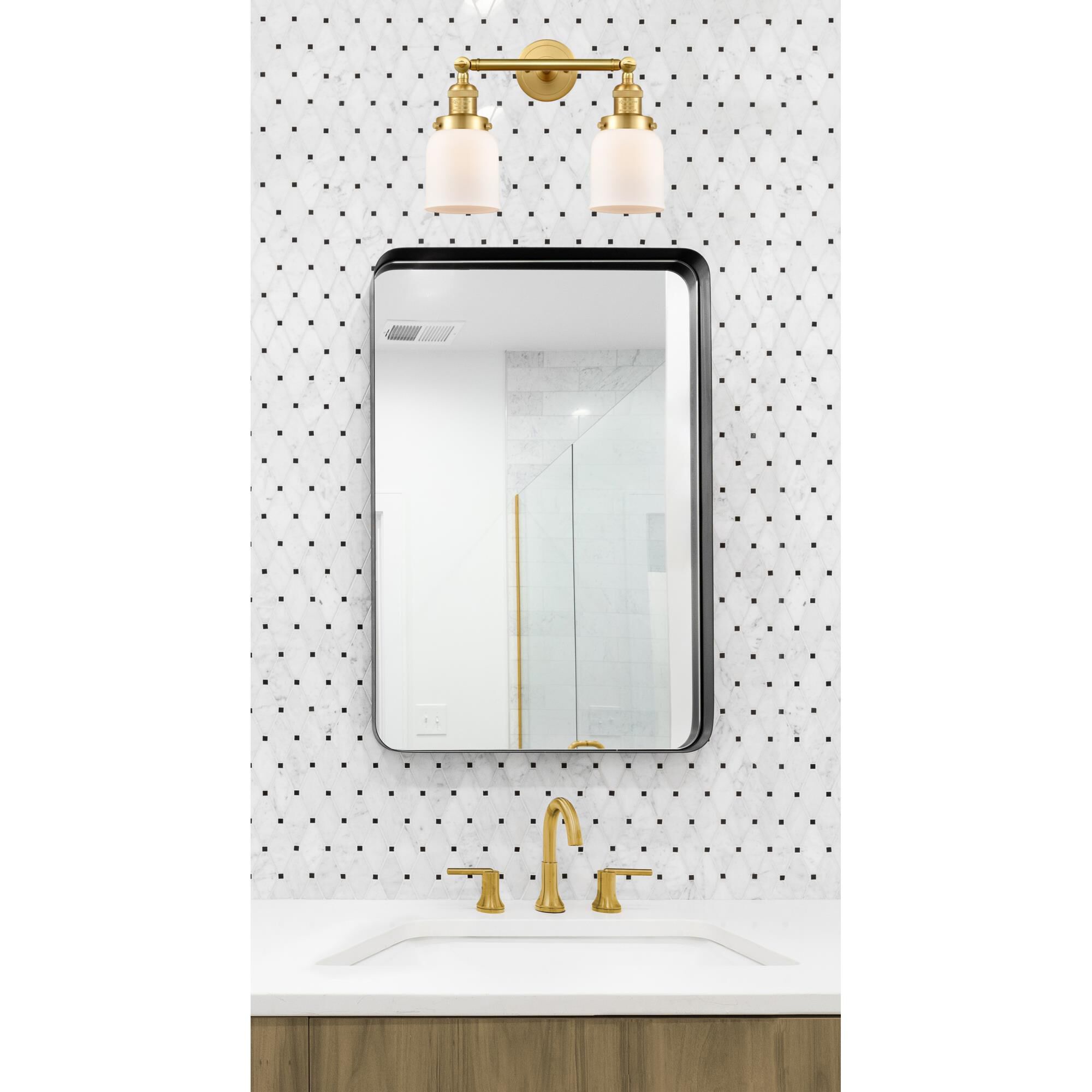 Shown in Satin Gold finish and Matte White Cased Small Bell glass