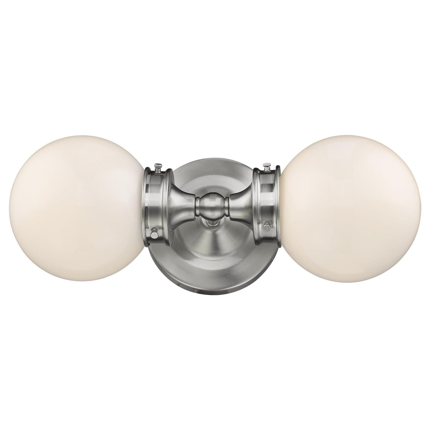 Shown in Satin Nickel finish and White glass and White Glass Globes shade