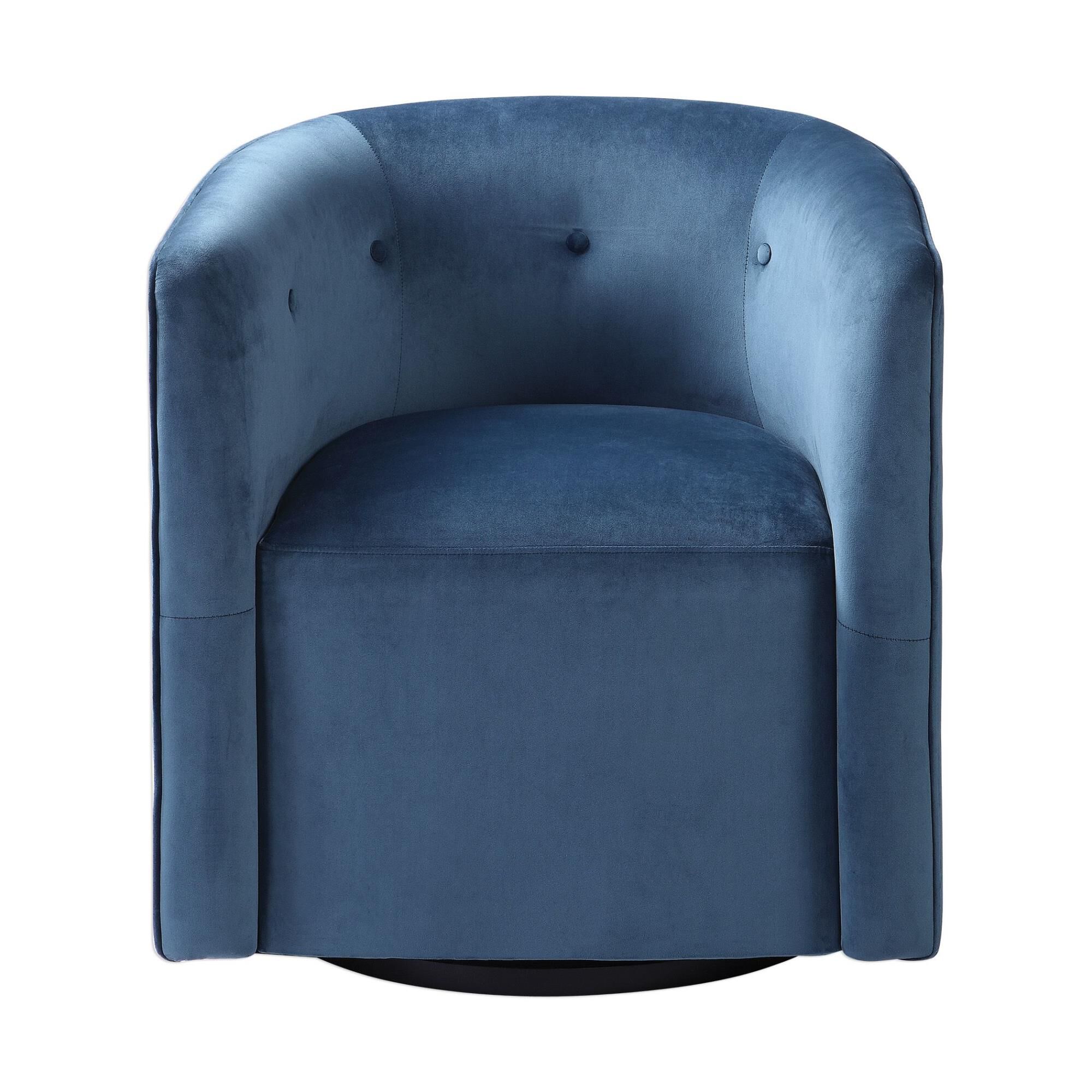 Shown in Make A Dramatic Statement With This Barrel Style Swivel Chair, Covered In An Ink Blue Polyester Velv finish