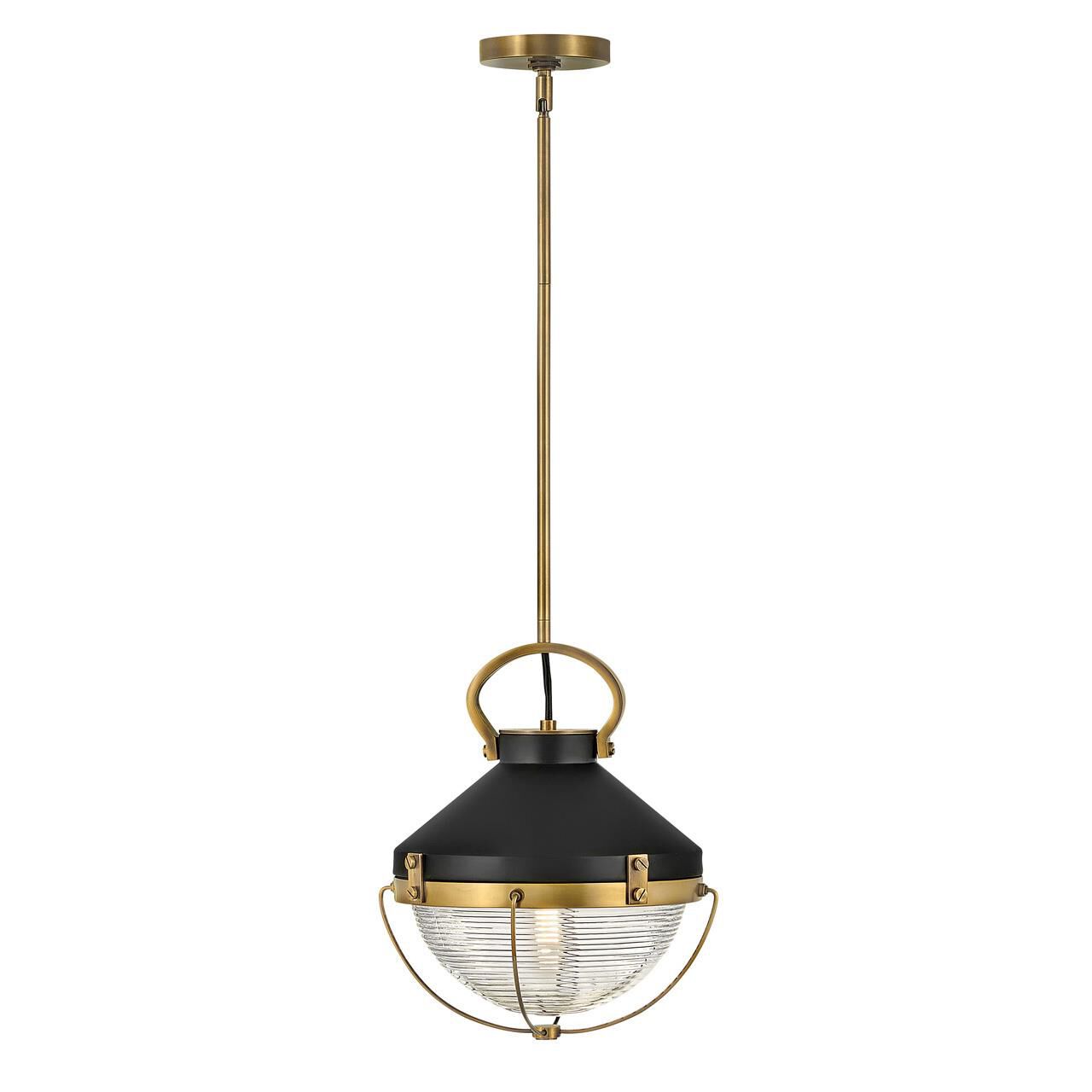 Shown in Heritage Brass finish and Holophane glass and Shell White shade and Black accent