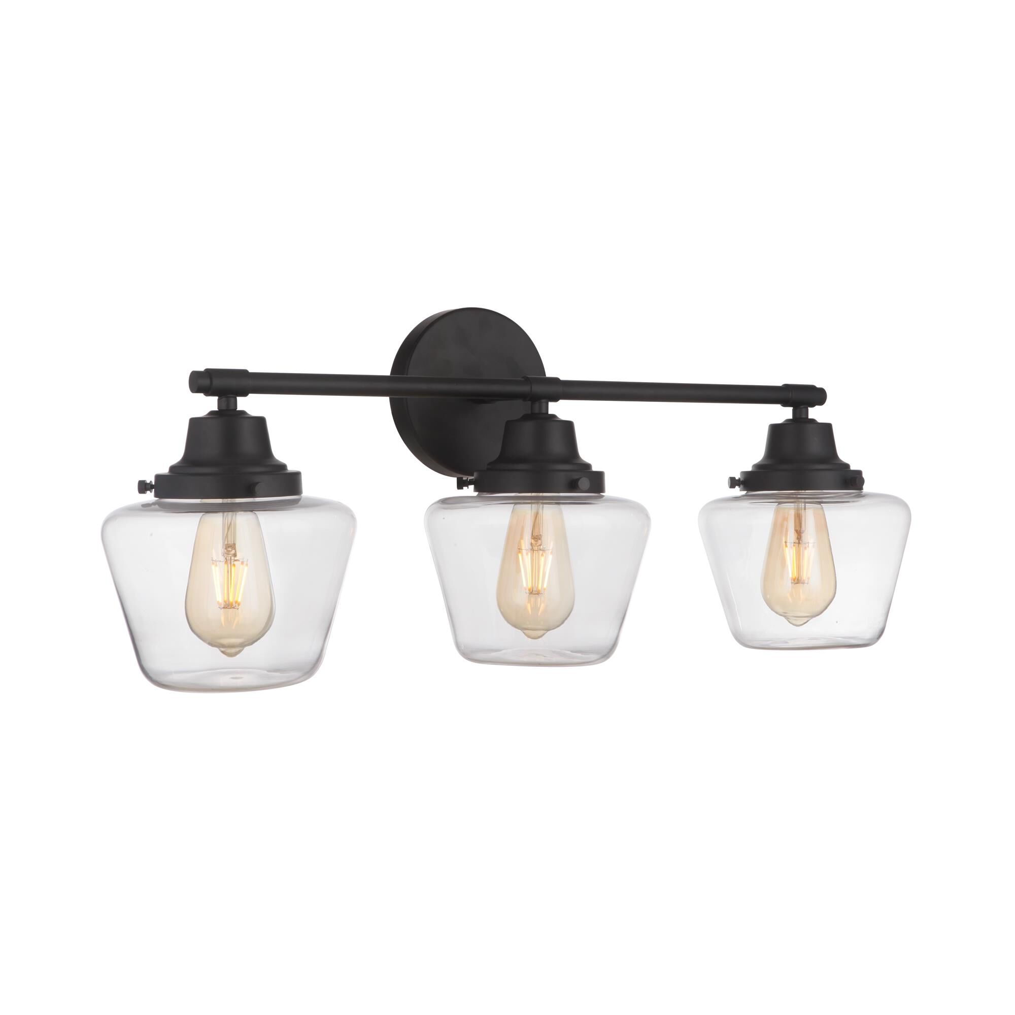 Shown in Flat Black finish and Clear glass and Glass shade
