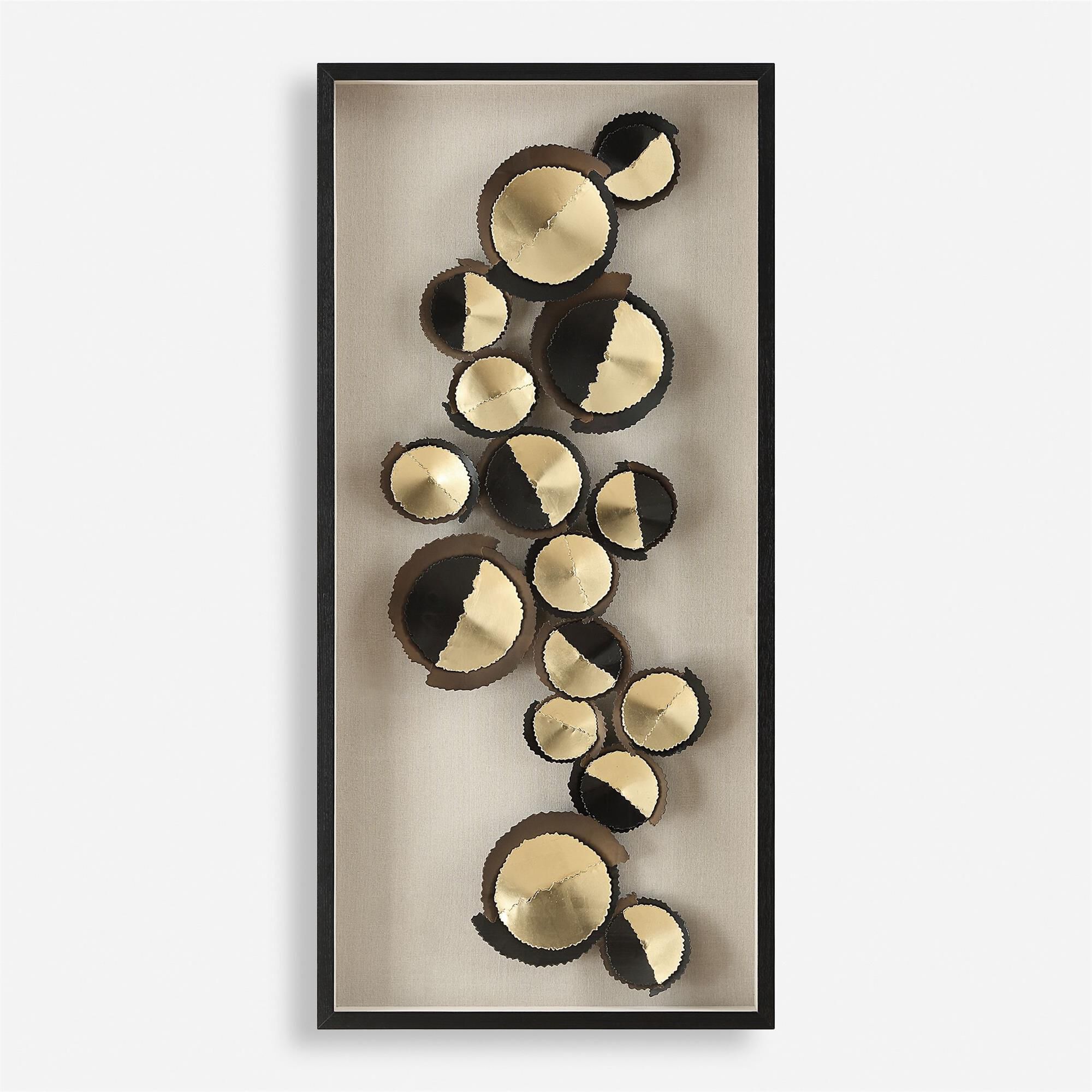 Shown in An Artful, Layered Assortment Of Serrated Edge Iron Discs Accented With Gold Leaf Centers. The Artwo finish